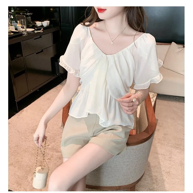 Fairy Flounce Sleeves Gentle V-Neck Chiffon Blouse