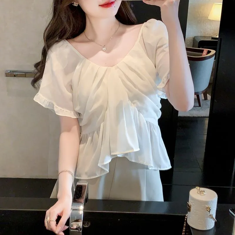 Fairy Flounce Sleeves Gentle V-Neck Chiffon Blouse