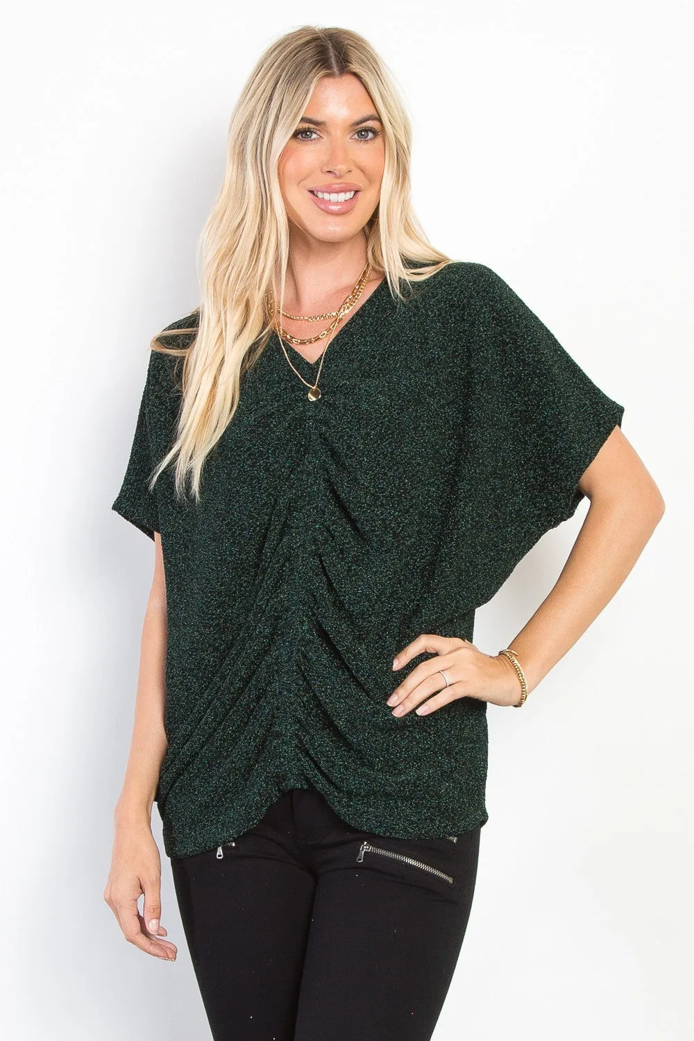 Full Size Lurex Center Elastic Cinched Knit Top