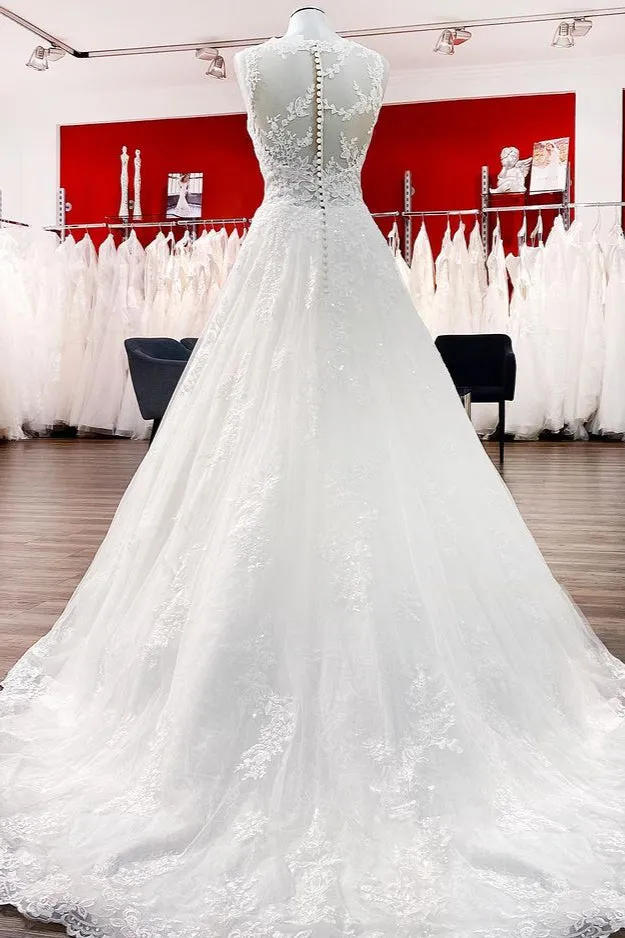 Graceful Jewel Neck Long A-Line Tulle Wedding Dress with Lace Appliques