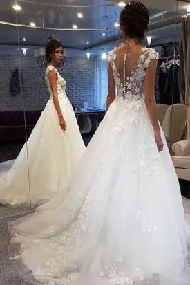 Graceful White Lace Long Wedding Dress with Appliques