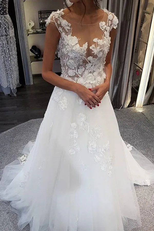 Graceful White Lace Long Wedding Dress with Appliques