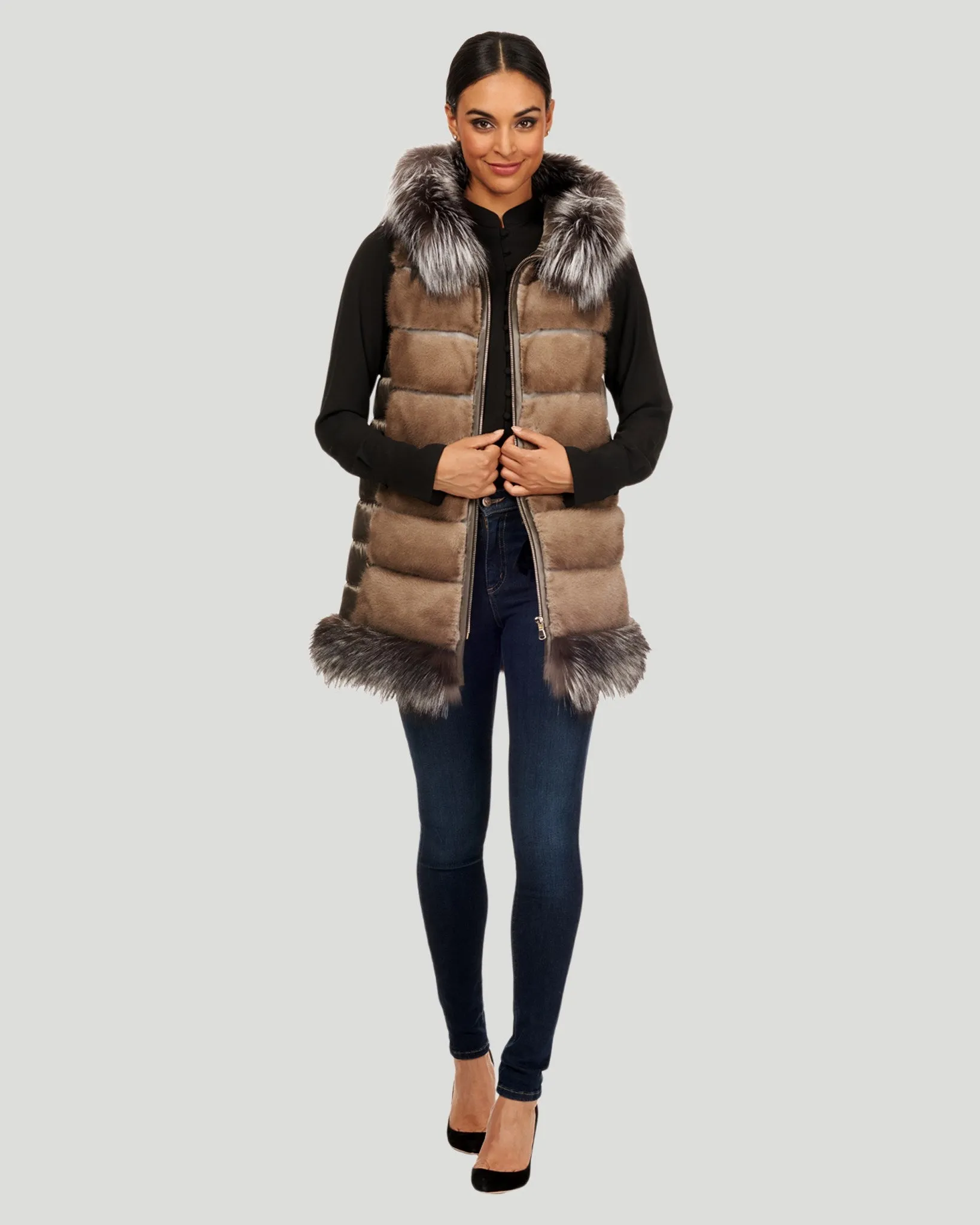 Horizontal Mink Zip Vest with Fox Trim, and Jacket with Beading