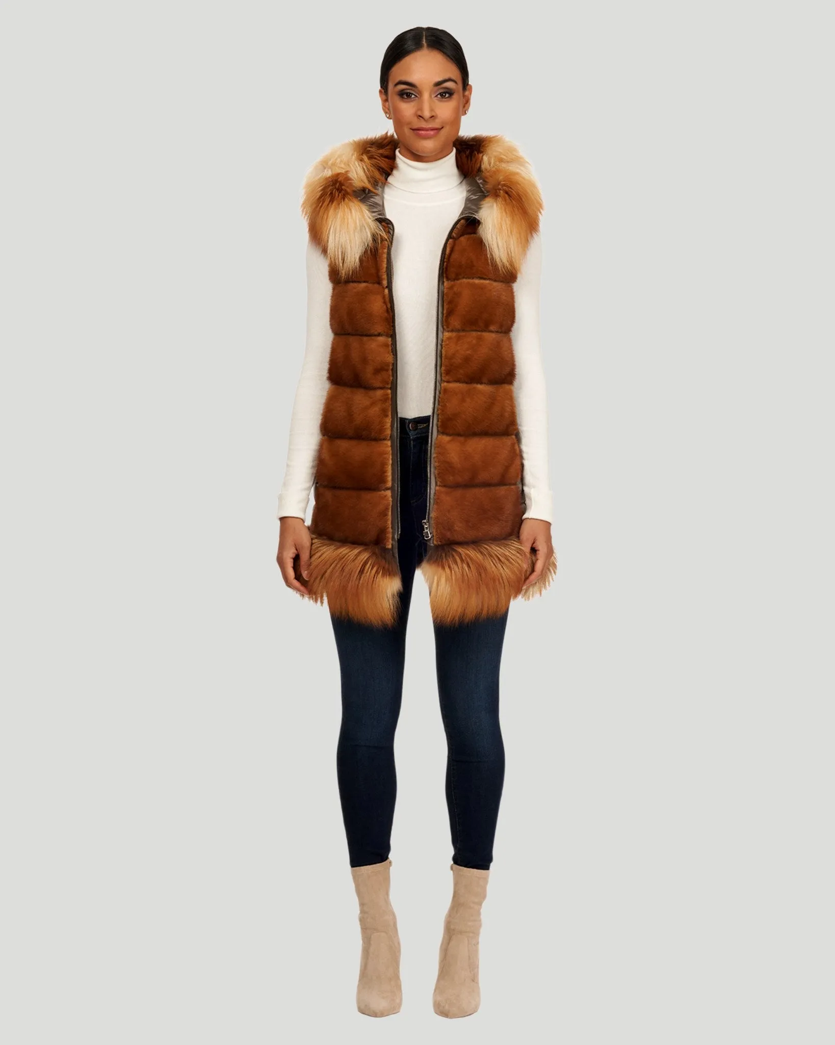 Horizontal Mink Zip Vest with Fox Trim, and Jacket with Beading