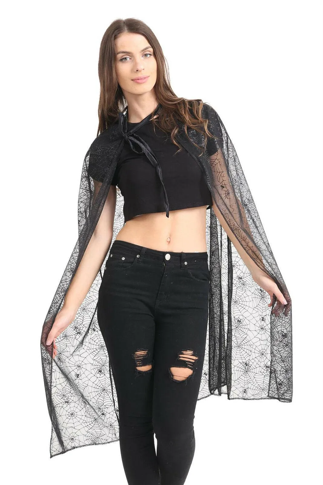 Ladies Girls Spider Web Cape Cloaks Halloween Fancy Dress Party Costume