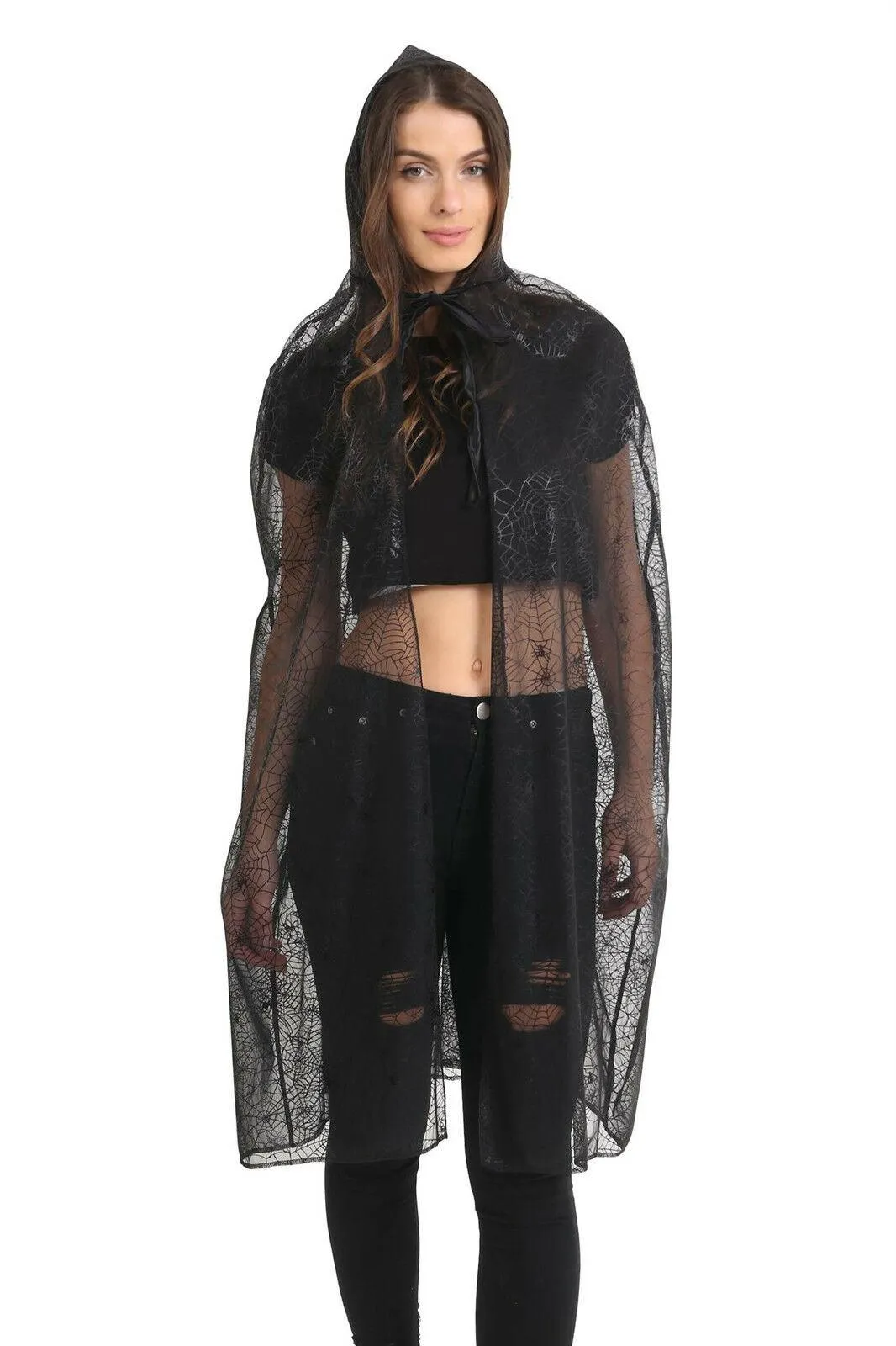 Ladies Spider Web Hooded Long Cape Cloaks Halloween Fancy Dress Party Costume