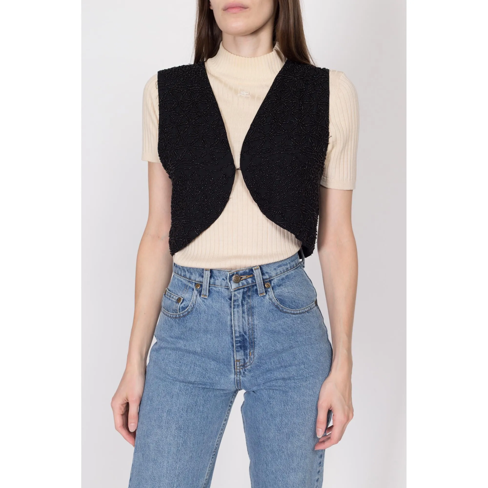 Medium 80s Black Beaded Cropped Vest