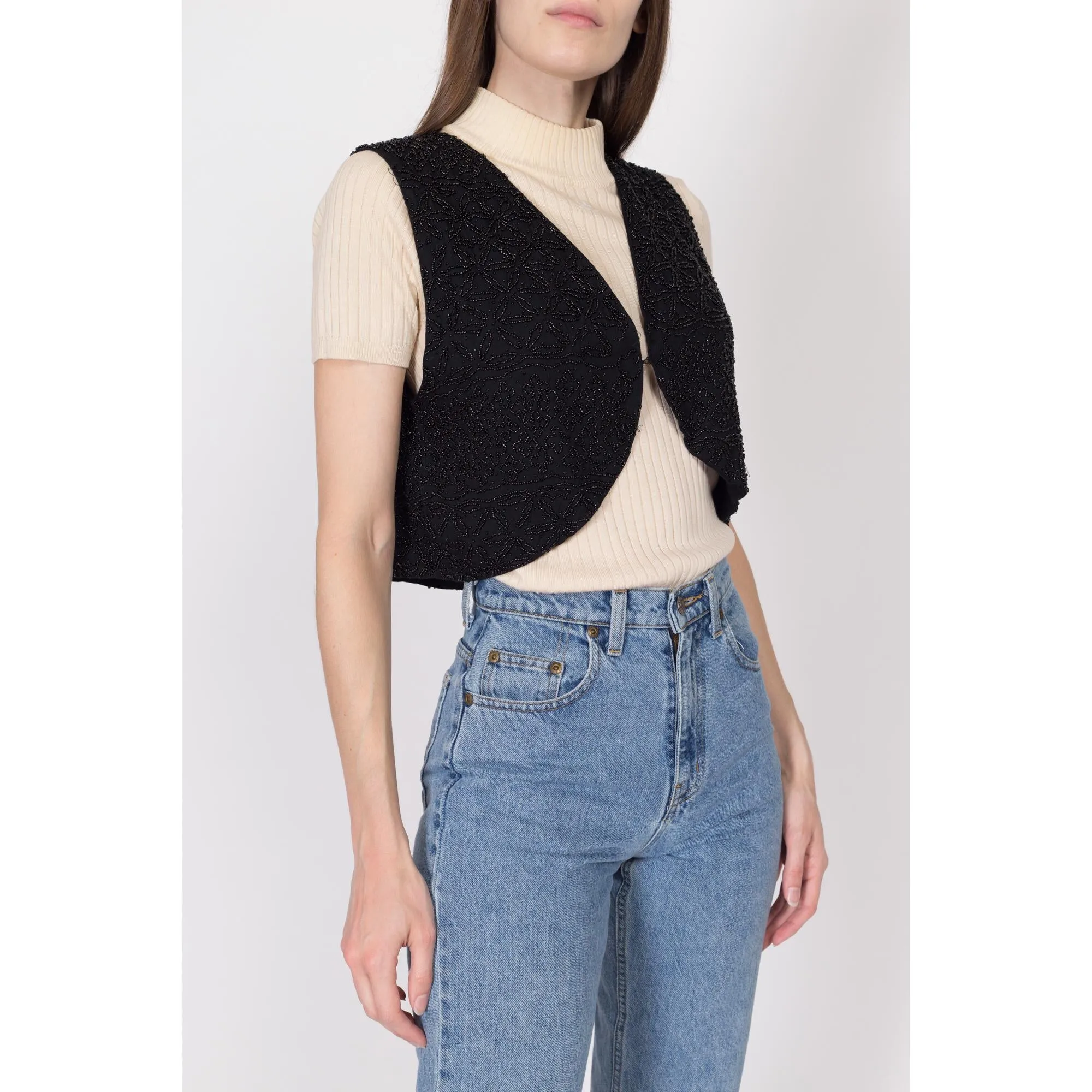 Medium 80s Black Beaded Cropped Vest