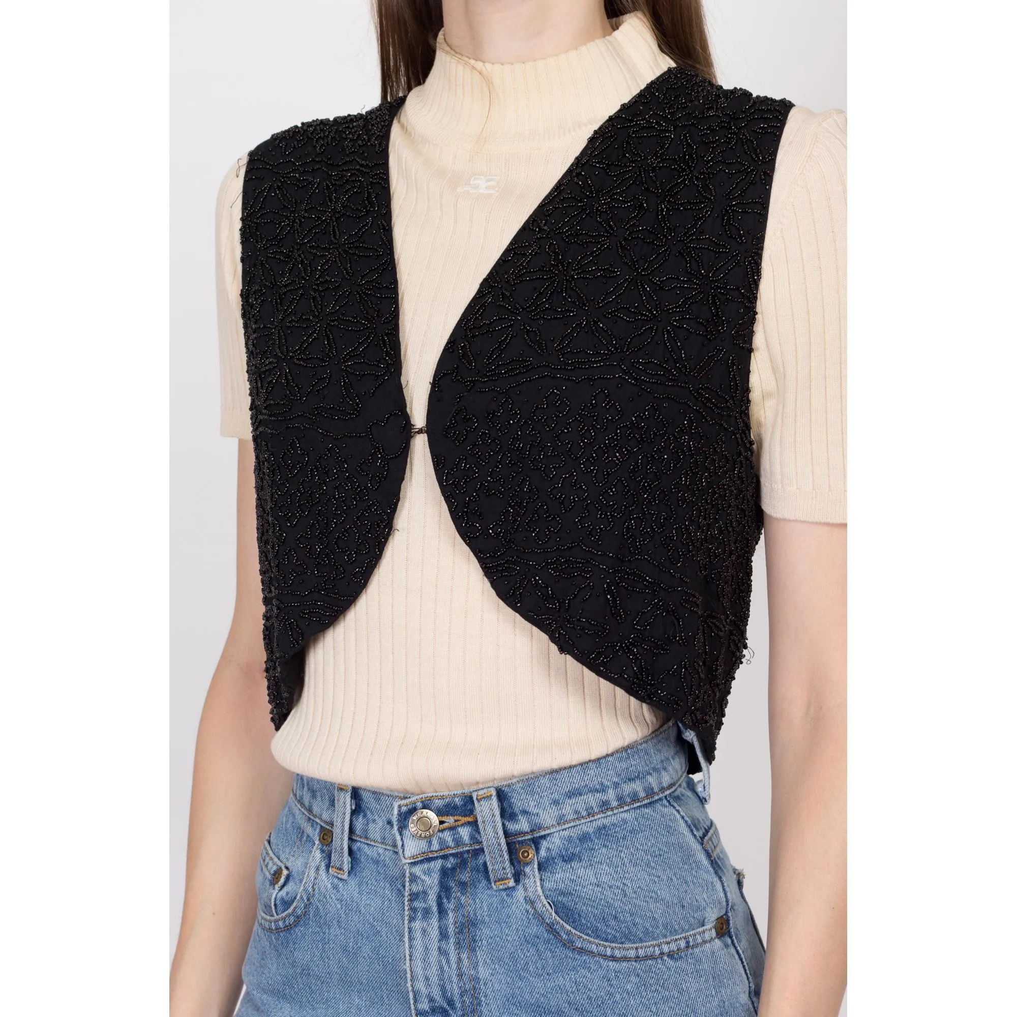 Medium 80s Black Beaded Cropped Vest