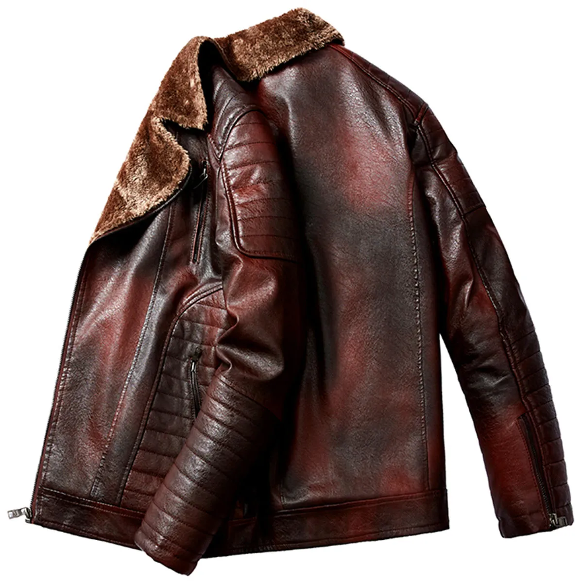 Men’s Biker Distressed Brown Genuine Sheepskin Faux Fur Moto Classic Thick Windproof Leather Jacket