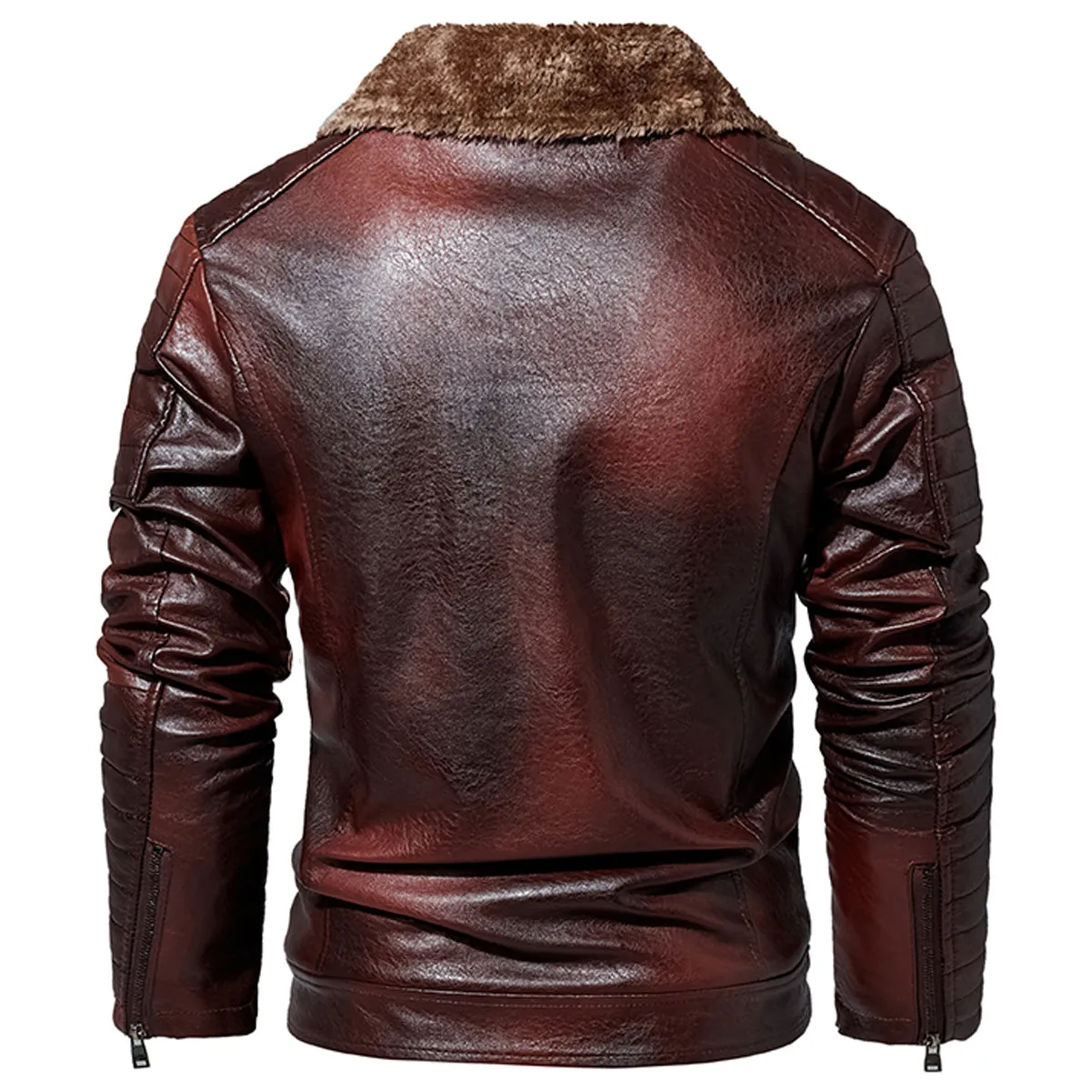 Men’s Biker Distressed Brown Genuine Sheepskin Faux Fur Moto Classic Thick Windproof Leather Jacket