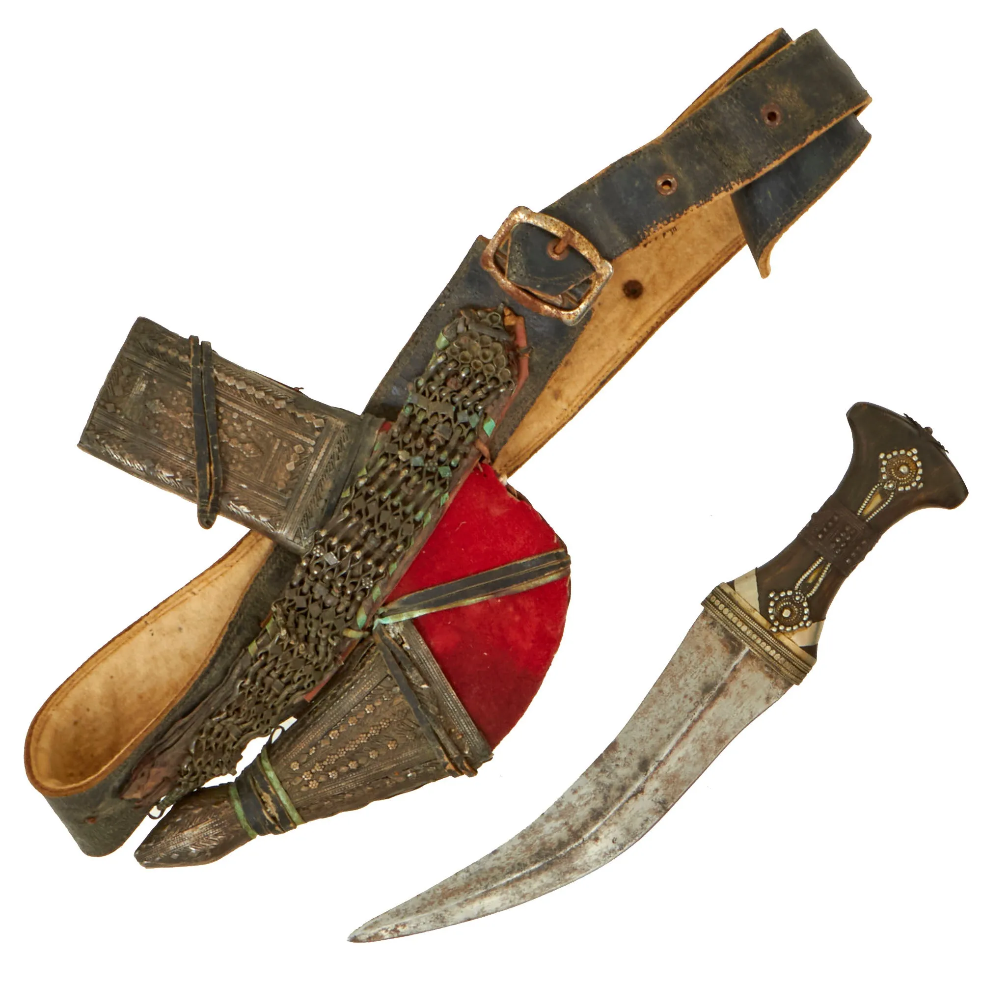 Original 19th Century Arabian Horn Handled Jambiya Dagger with Decorated Scabbard and Leather Belt - Circa 1820