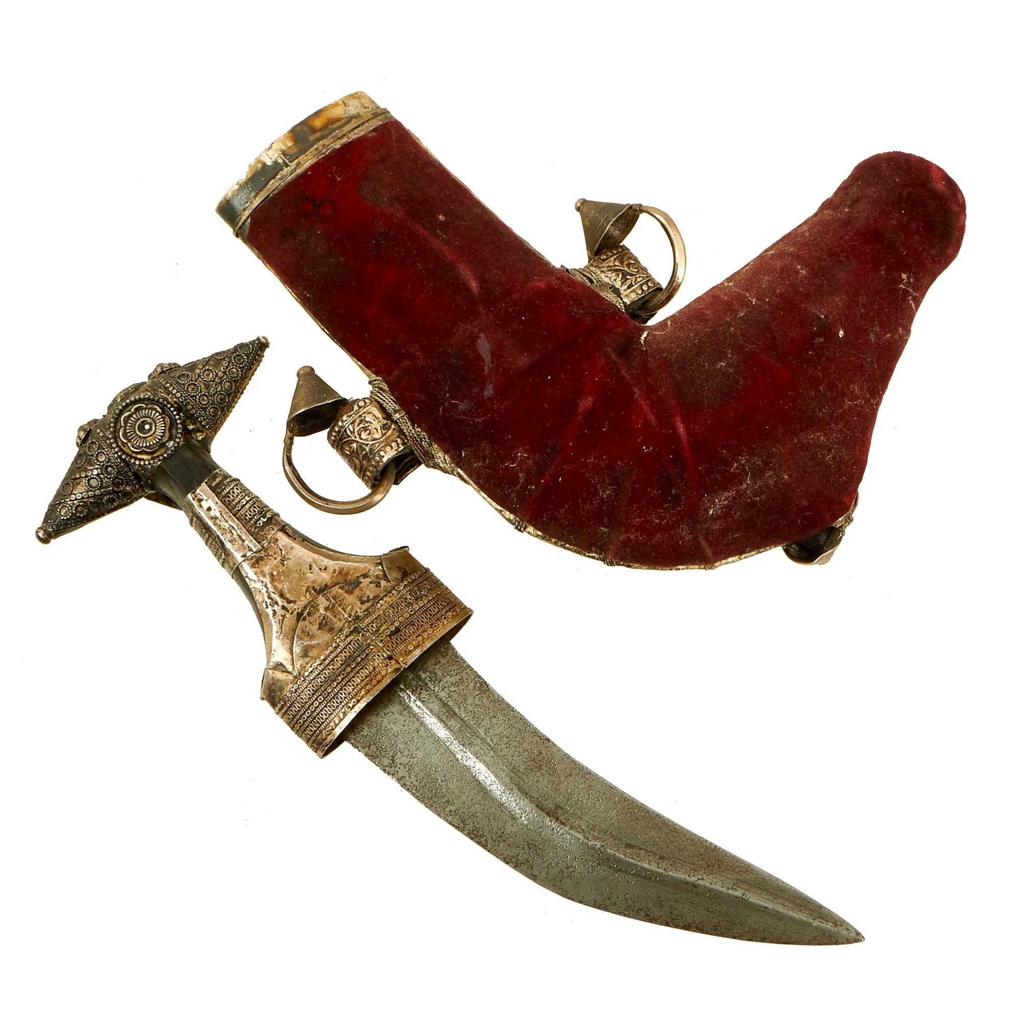 Original 19th Century Arabian Jambiya Dagger with Heavily Silver Decorated Scabbard & Hilt