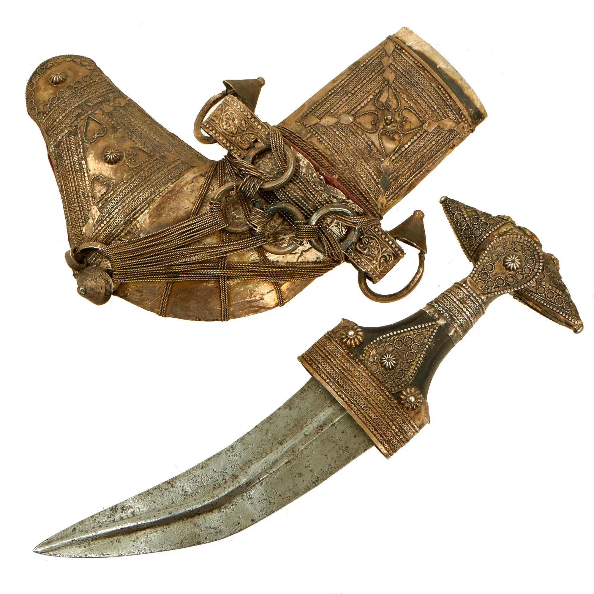 Original 19th Century Arabian Jambiya Dagger with Heavily Silver Decorated Scabbard & Hilt