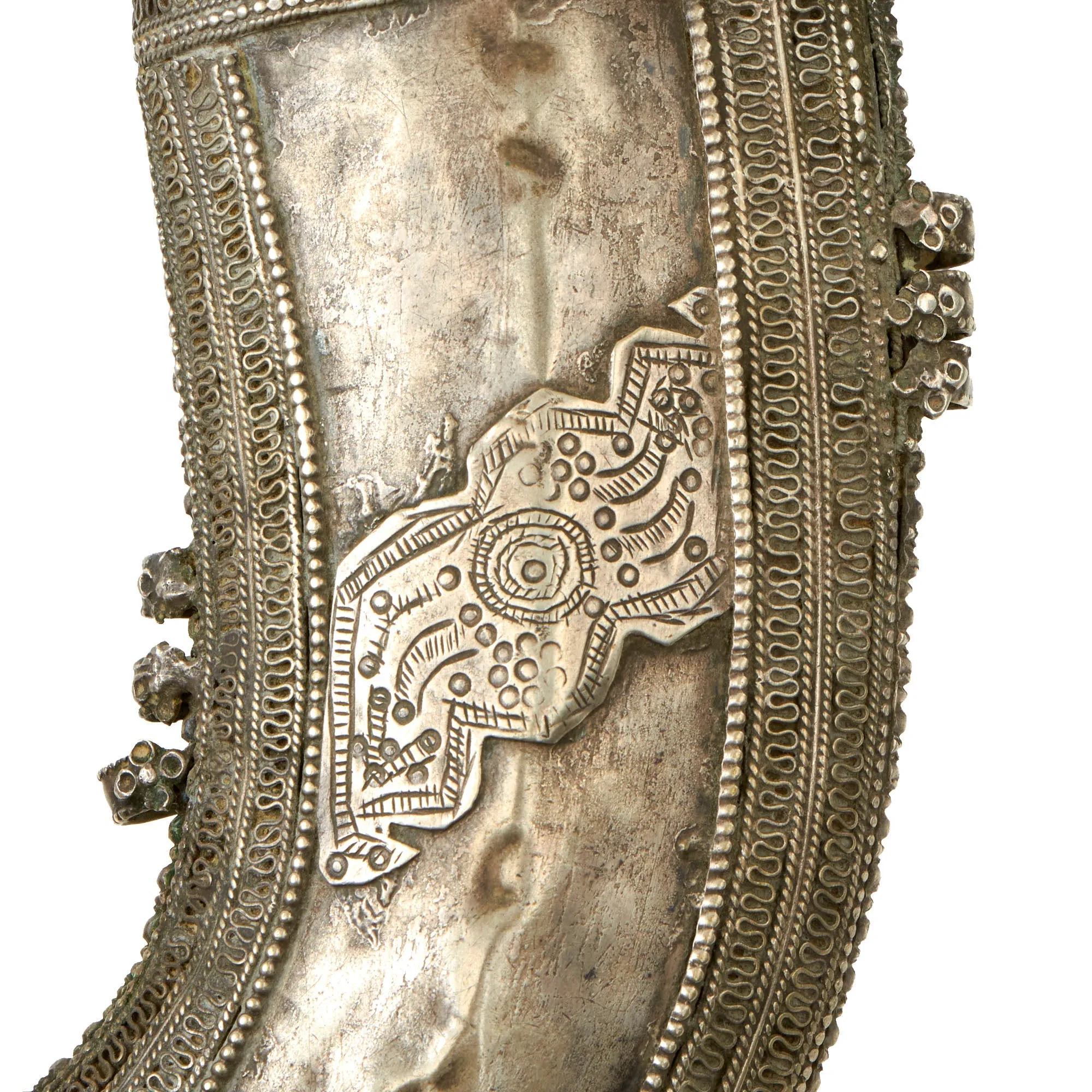 Original 19th Century Arabian Jambiya Dagger with Heavily Silver Decorated Scabbard & Horn Hilt