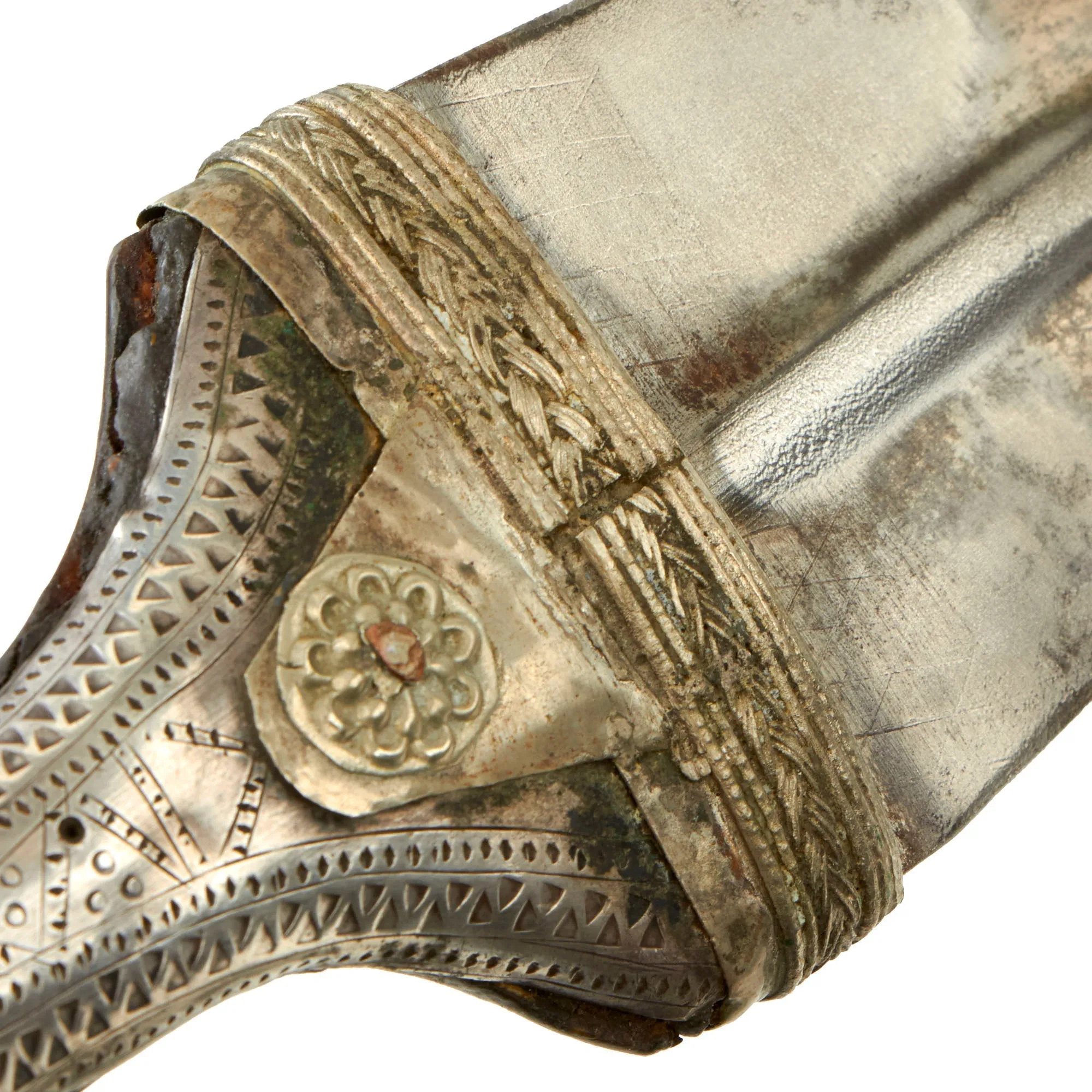 Original 19th Century Arabian Jambiya Dagger with Heavily Silver Decorated Scabbard & Horn Hilt