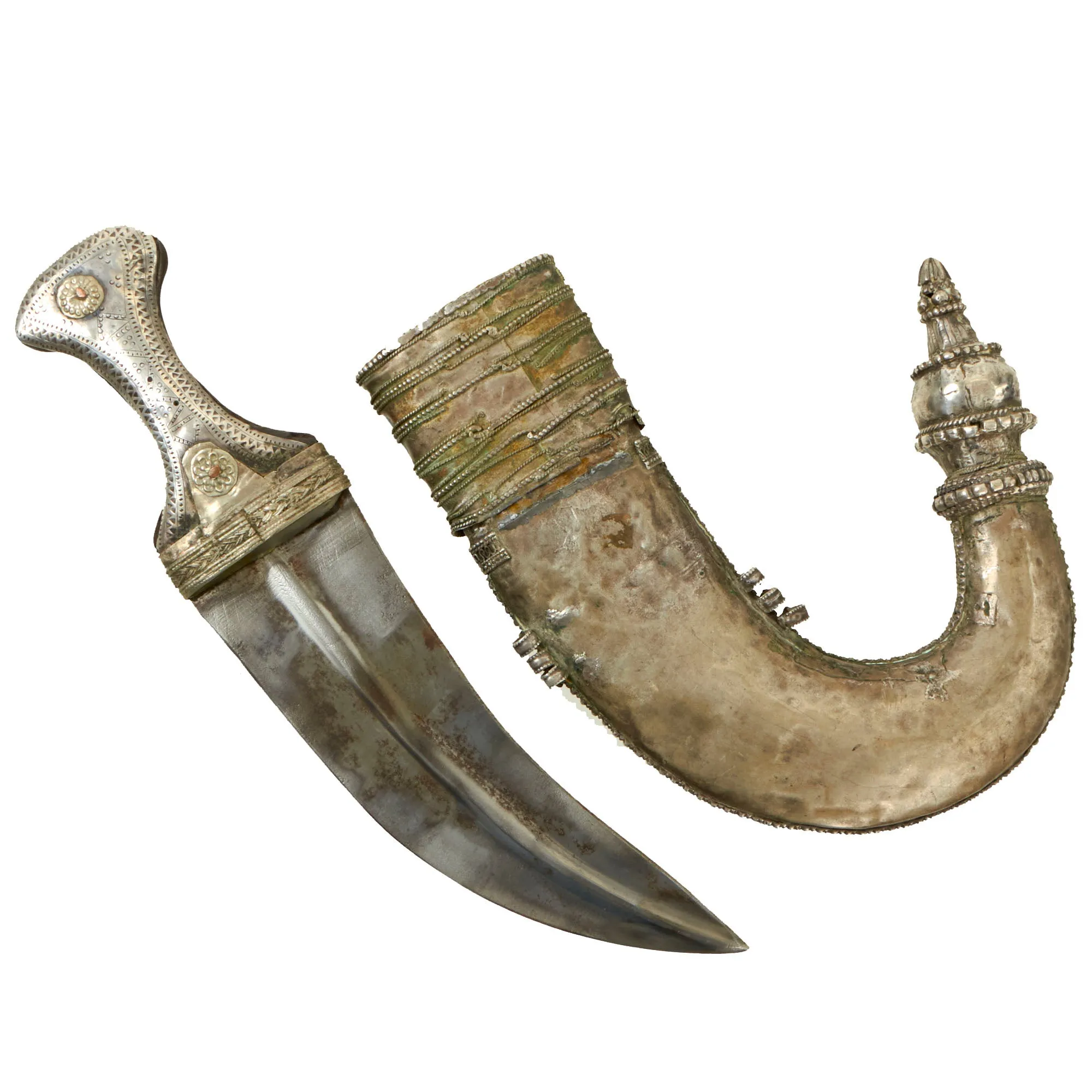 Original 19th Century Arabian Jambiya Dagger with Heavily Silver Decorated Scabbard & Horn Hilt