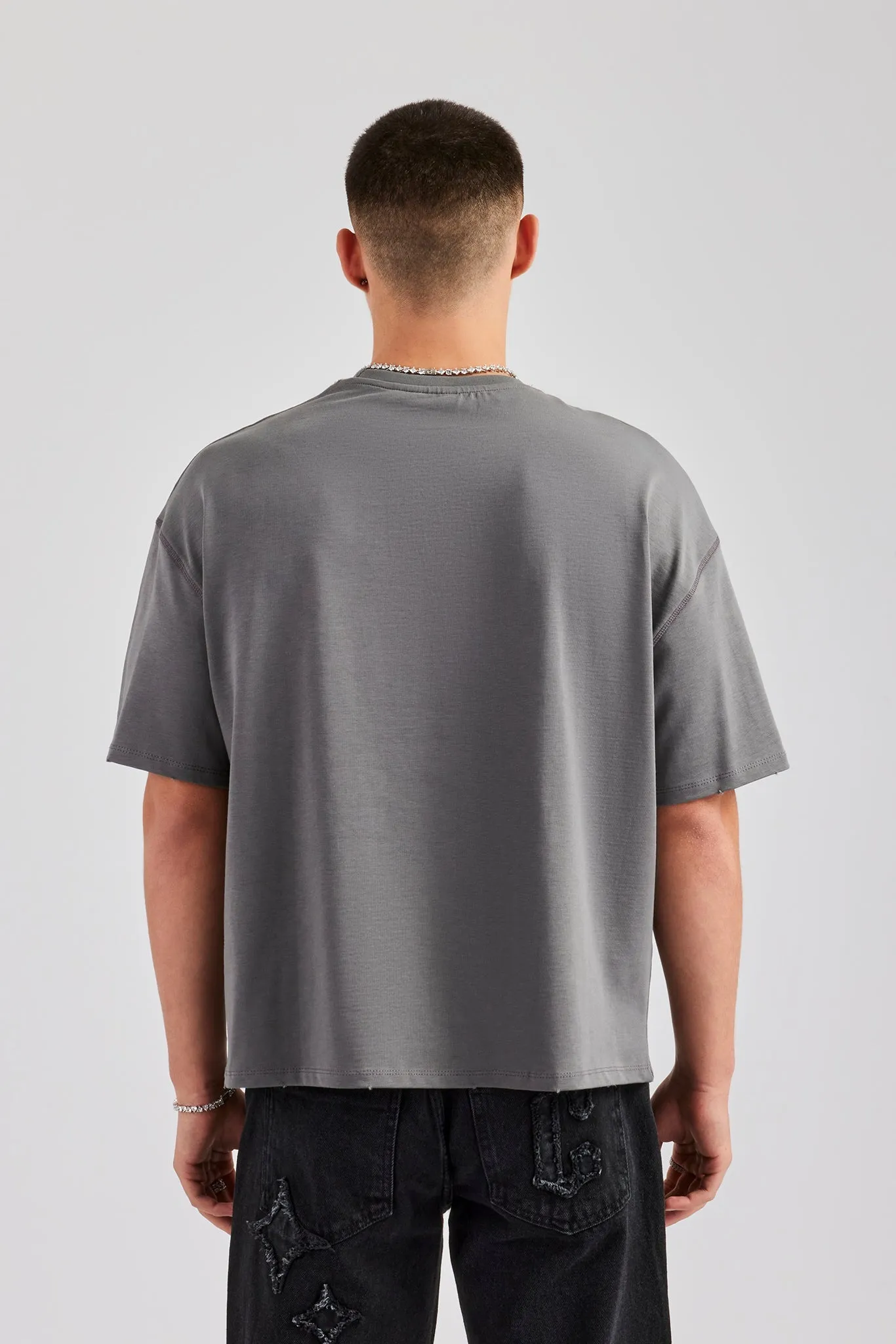 Oversized Boxy Washed Pearl Detail T-Shirt - Charcoal