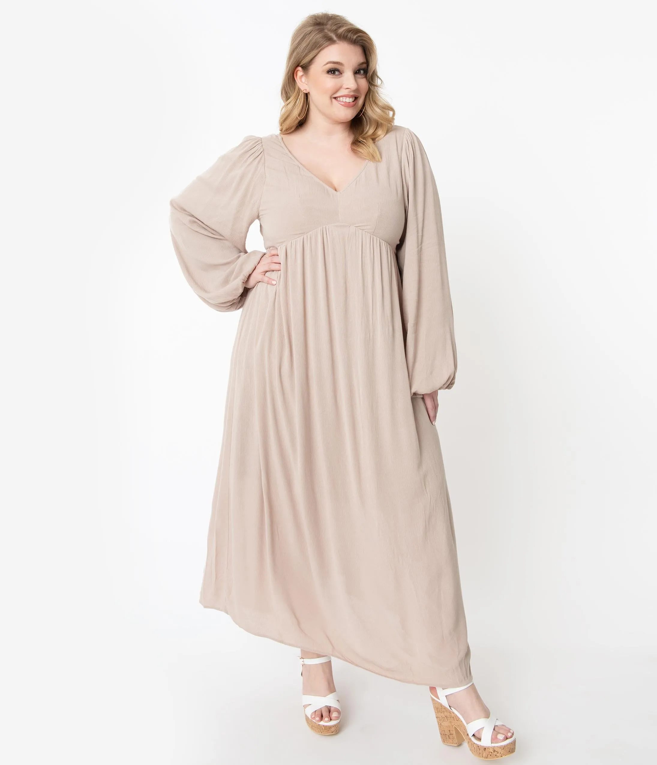 Plus Size Retro Style Taupe Back Ties Midi Dress