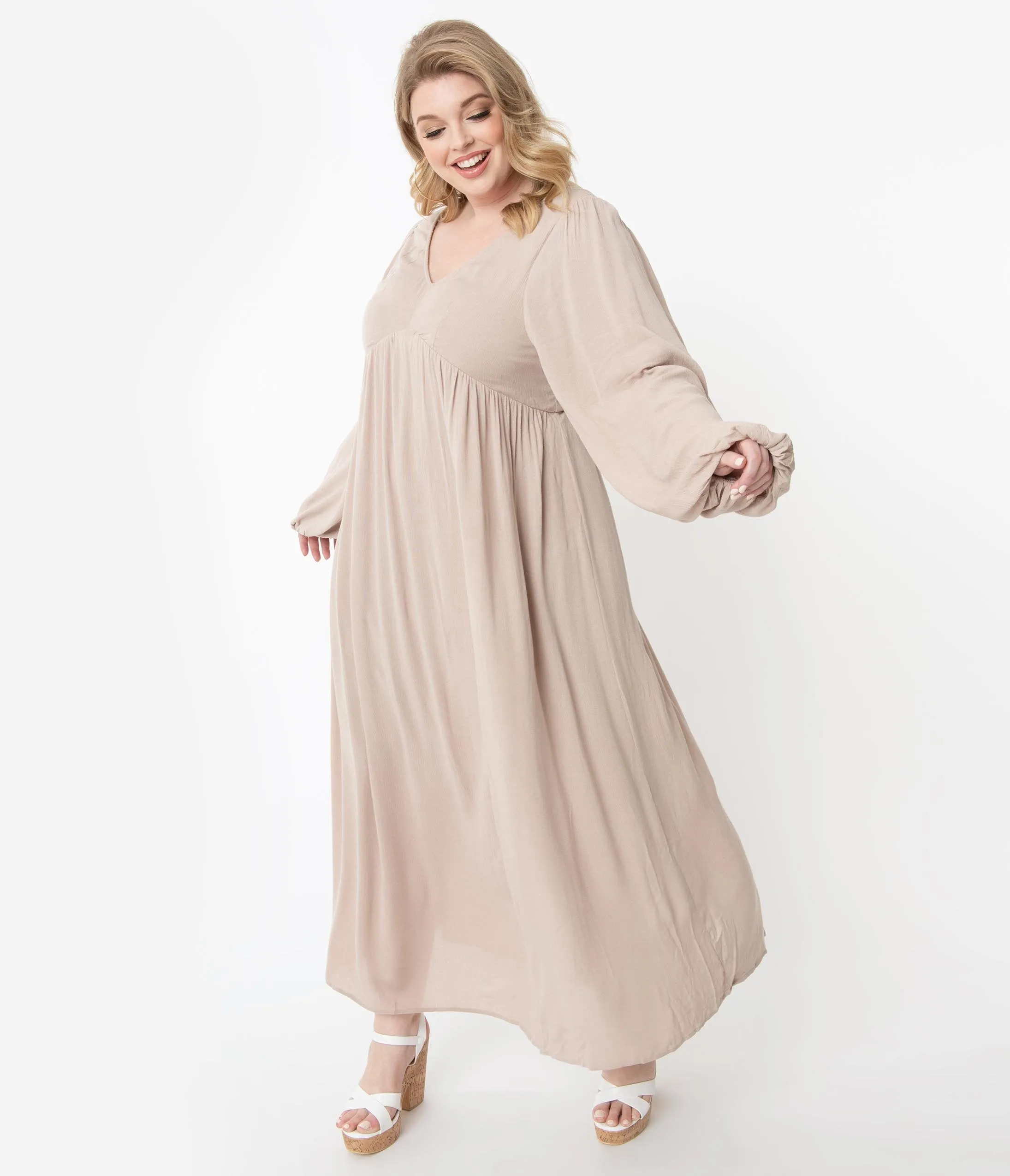 Plus Size Retro Style Taupe Back Ties Midi Dress