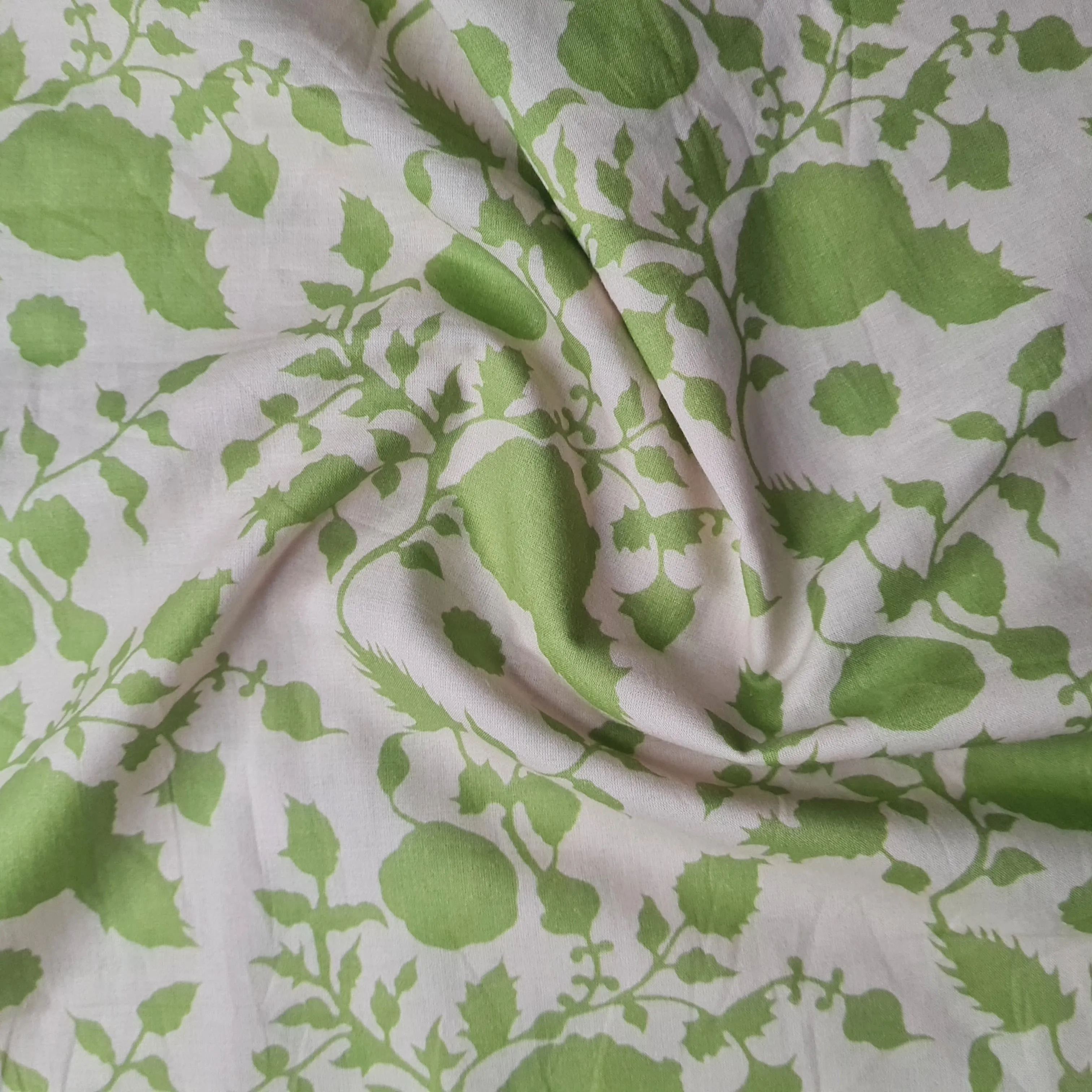 Premium Off White & Green Floral Print Cotton Fabric