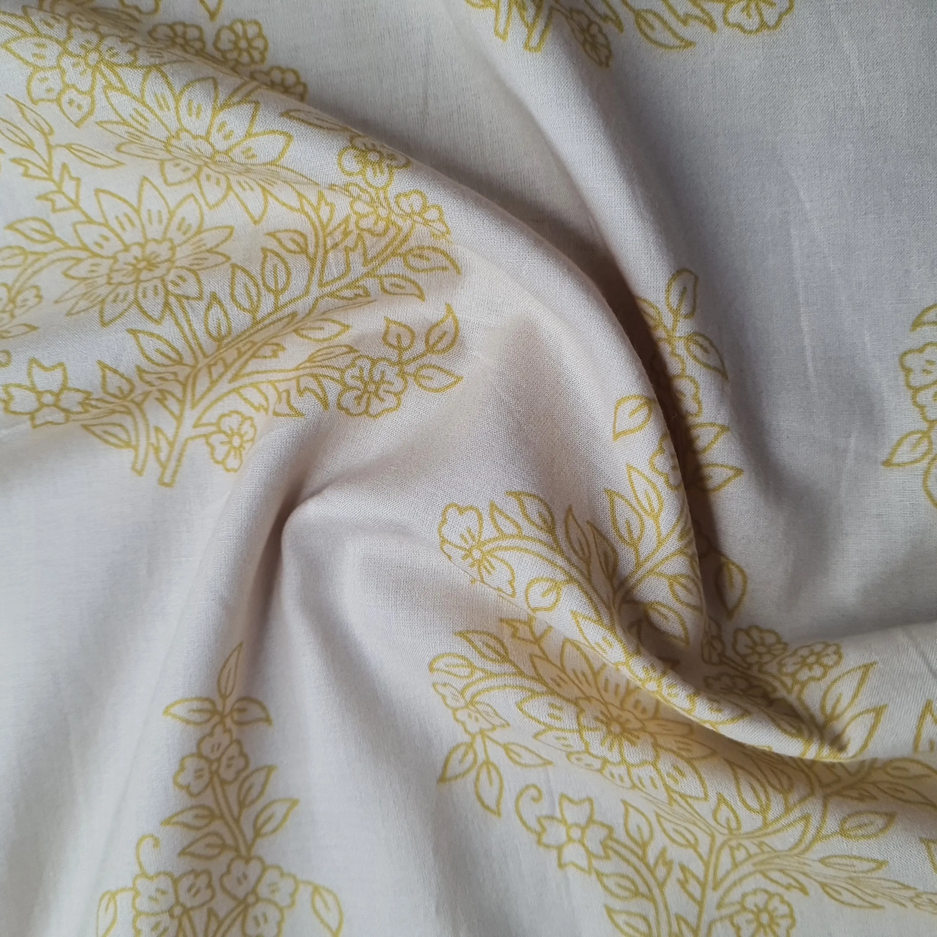 Premium Off White & Mustard Floral Print Cotton Fabric