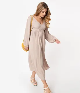 Retro Style Taupe Back Ties Midi Dress