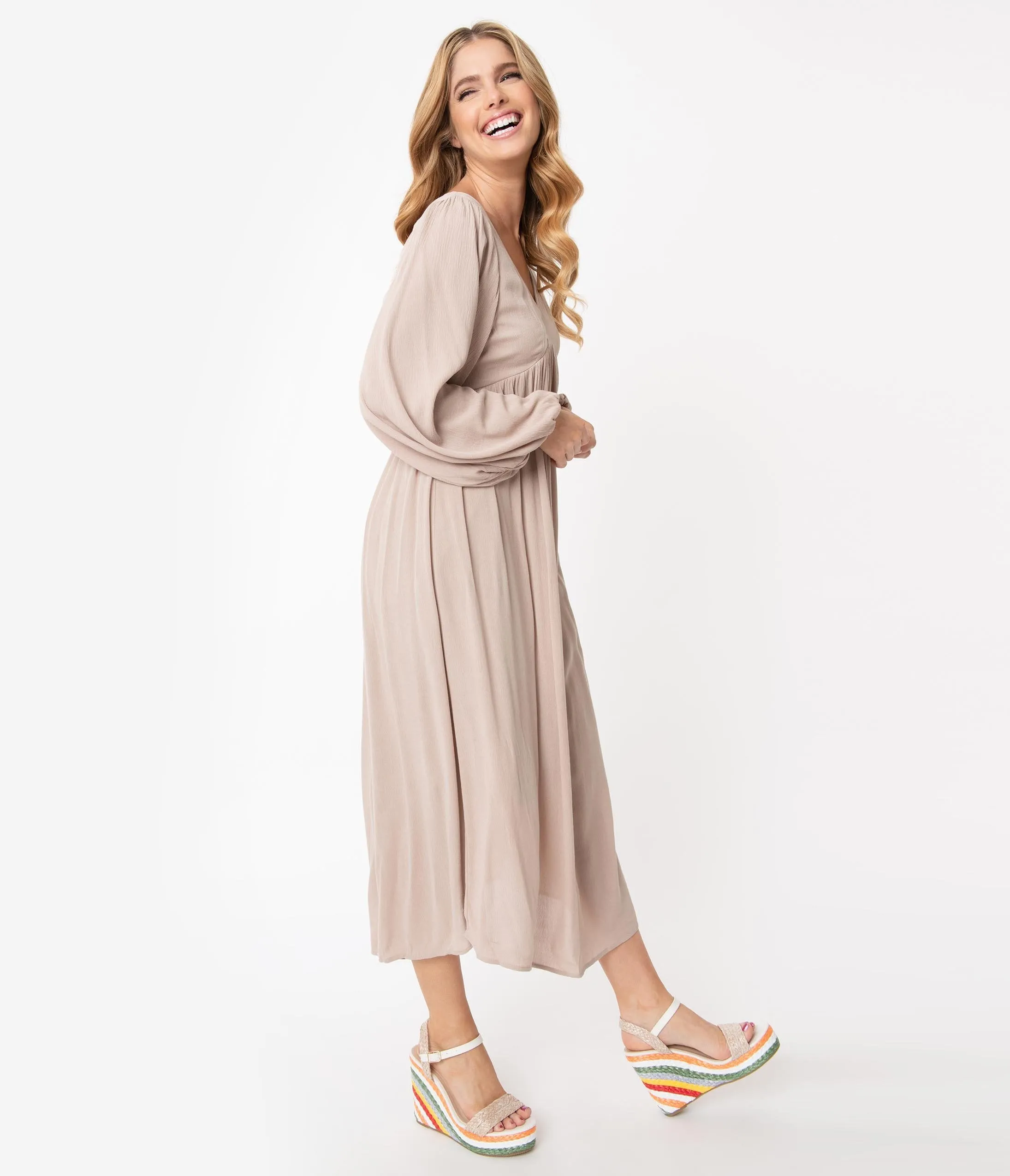 Retro Style Taupe Back Ties Midi Dress