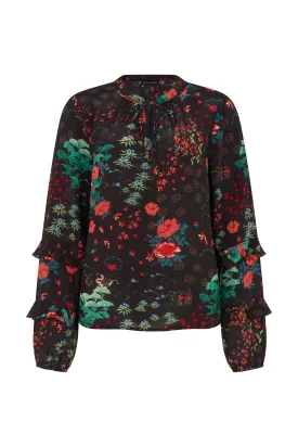 Rina Ruffle Sleeve Wonderland Print Blouse In Black