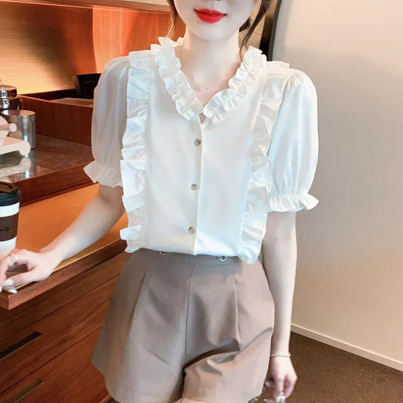 Ruffle Trim V-Neck Chiffon Blouse