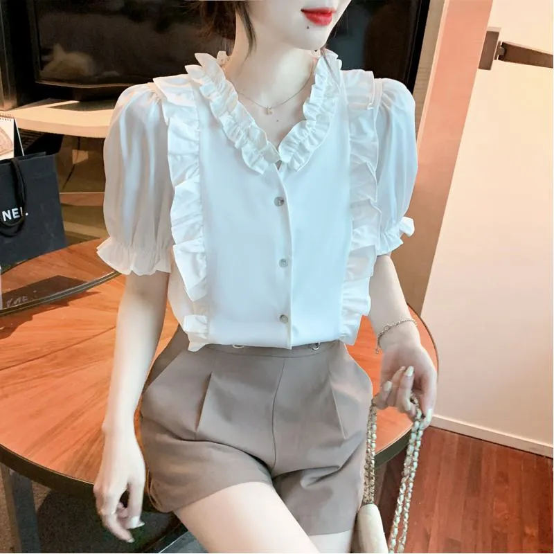 Ruffle Trim V-Neck Chiffon Blouse