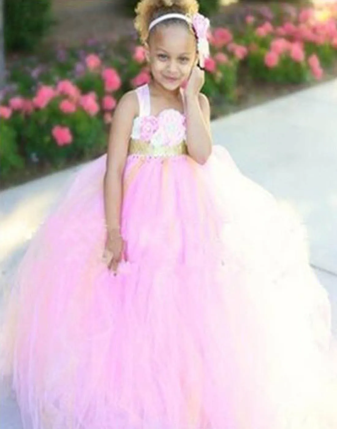 Shimmering Gold and Pink Blossomy Tulle Dress