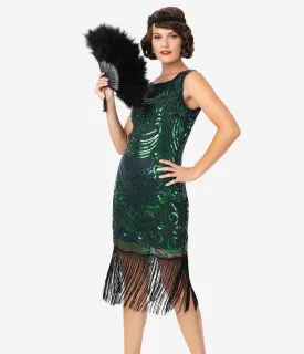 Unique Vintage 1920s Green & Blue Beaded Yvette Fringe Cocktail Dress