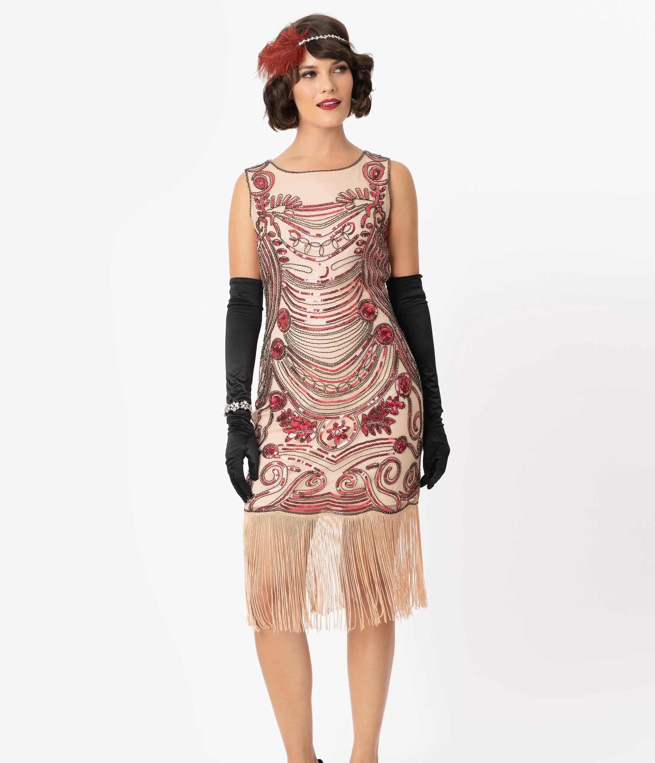 Unique Vintage 1920s Pink Beaded Yvette Fringe Cocktail Dress