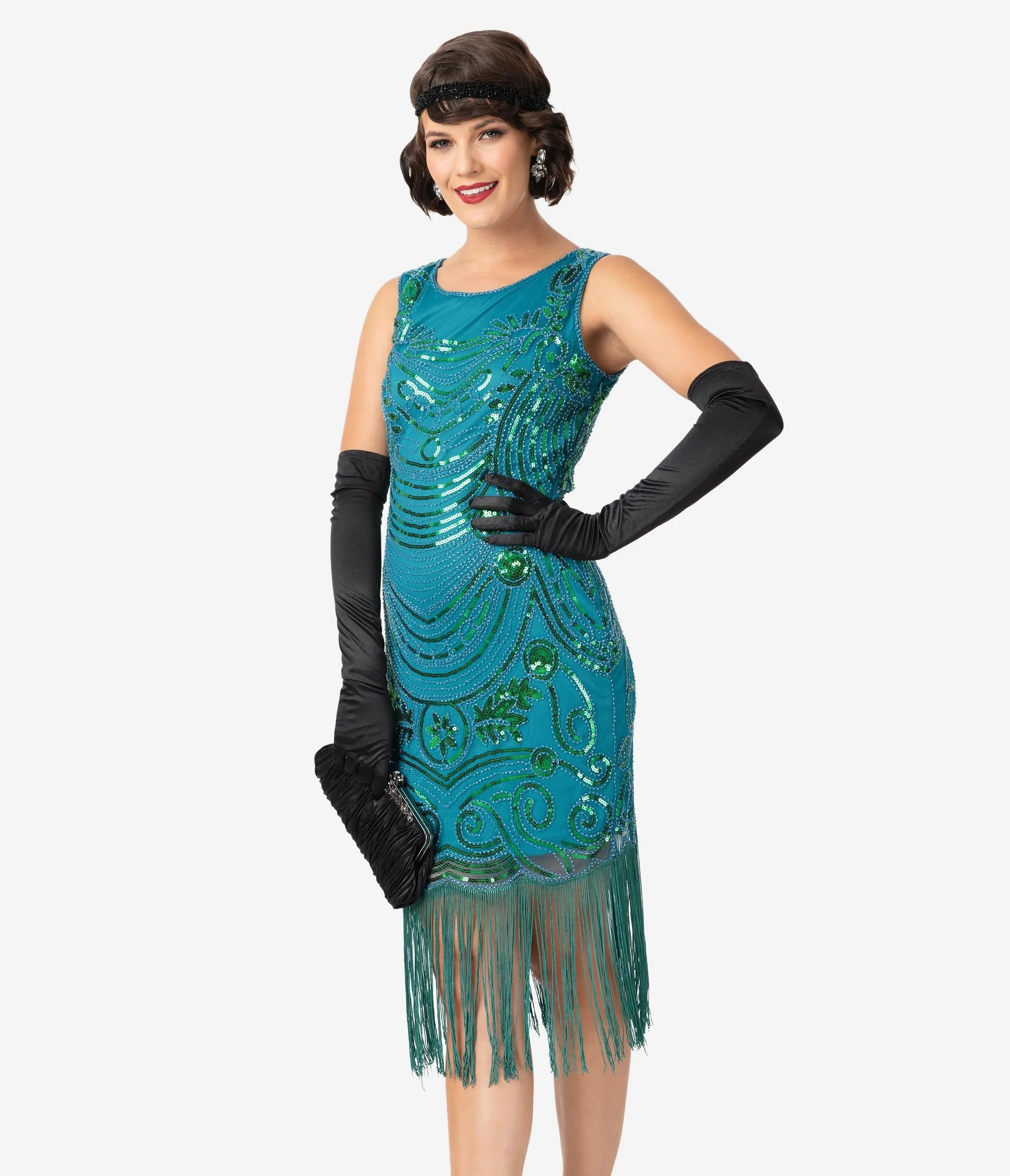 Unique Vintage 1920s Teal Beaded Yvette Fringe Cocktail Dress