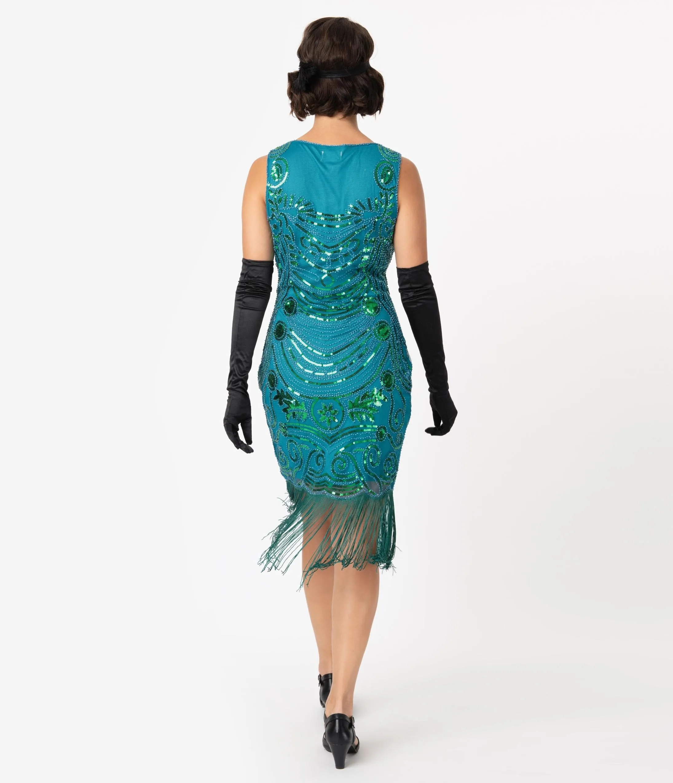 Unique Vintage 1920s Teal Beaded Yvette Fringe Cocktail Dress