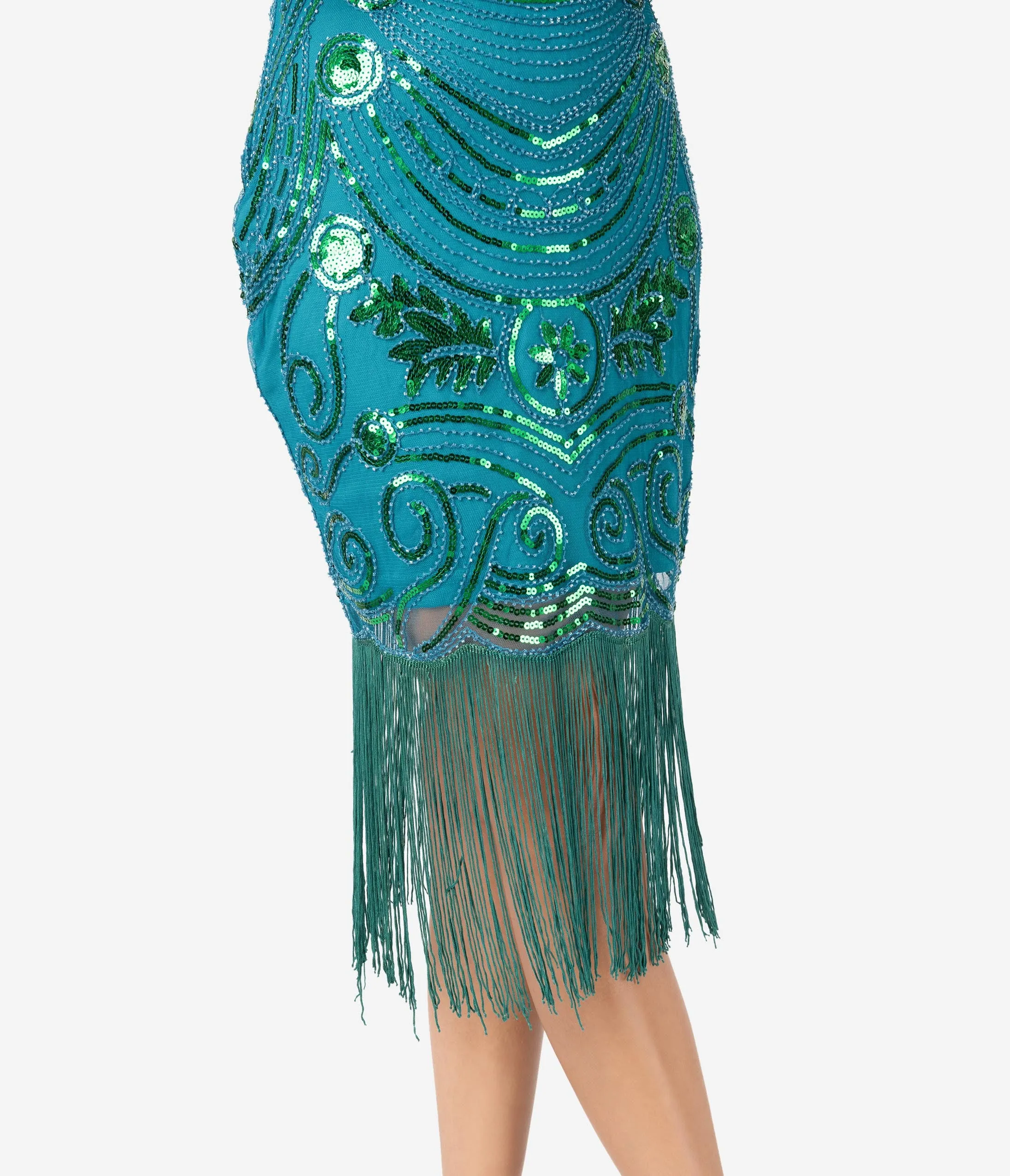 Unique Vintage 1920s Teal Beaded Yvette Fringe Cocktail Dress