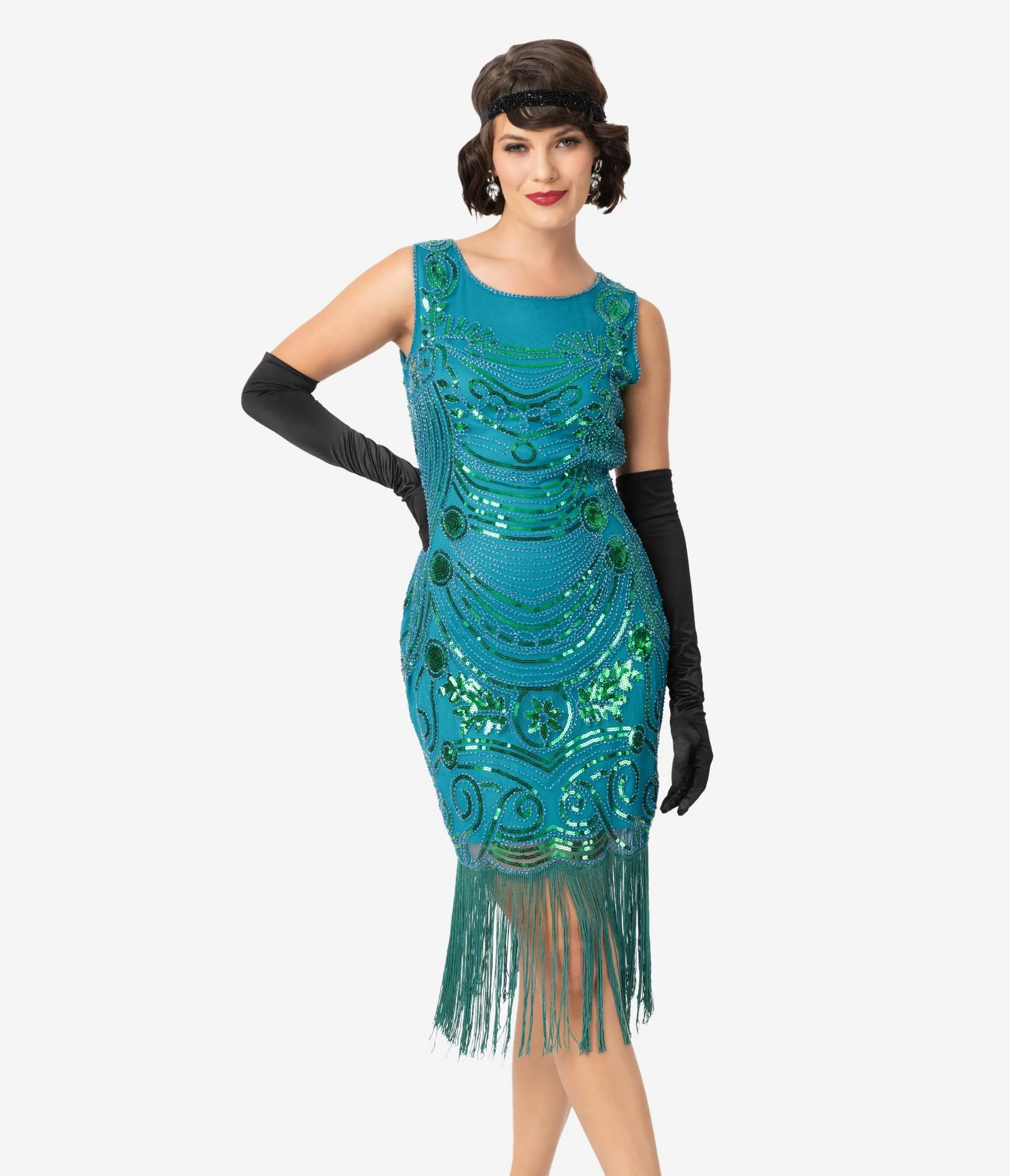 Unique Vintage 1920s Teal Beaded Yvette Fringe Cocktail Dress