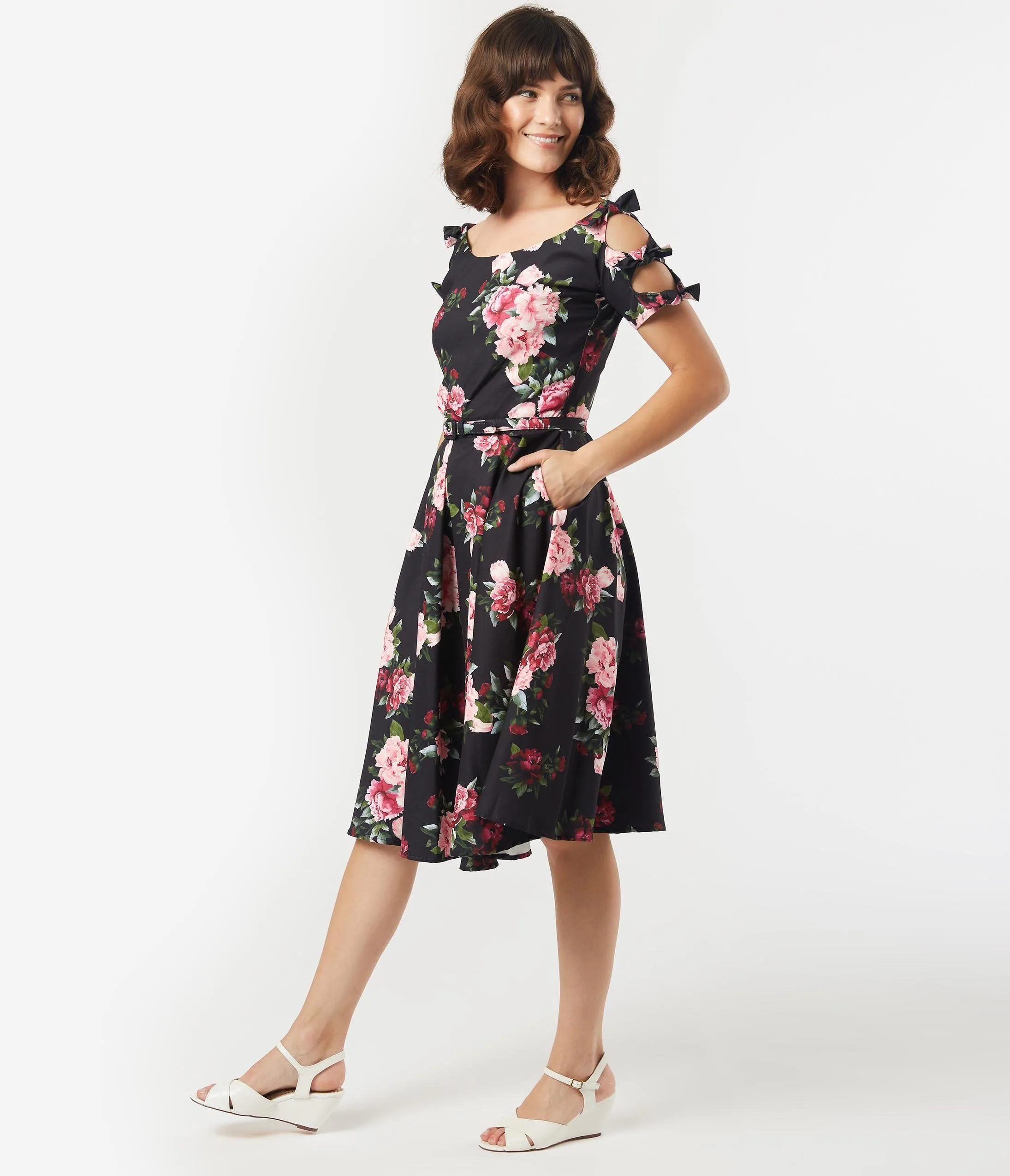 Unique Vintage 1950s Black & Pink Peony Floral Selma Swing Dress