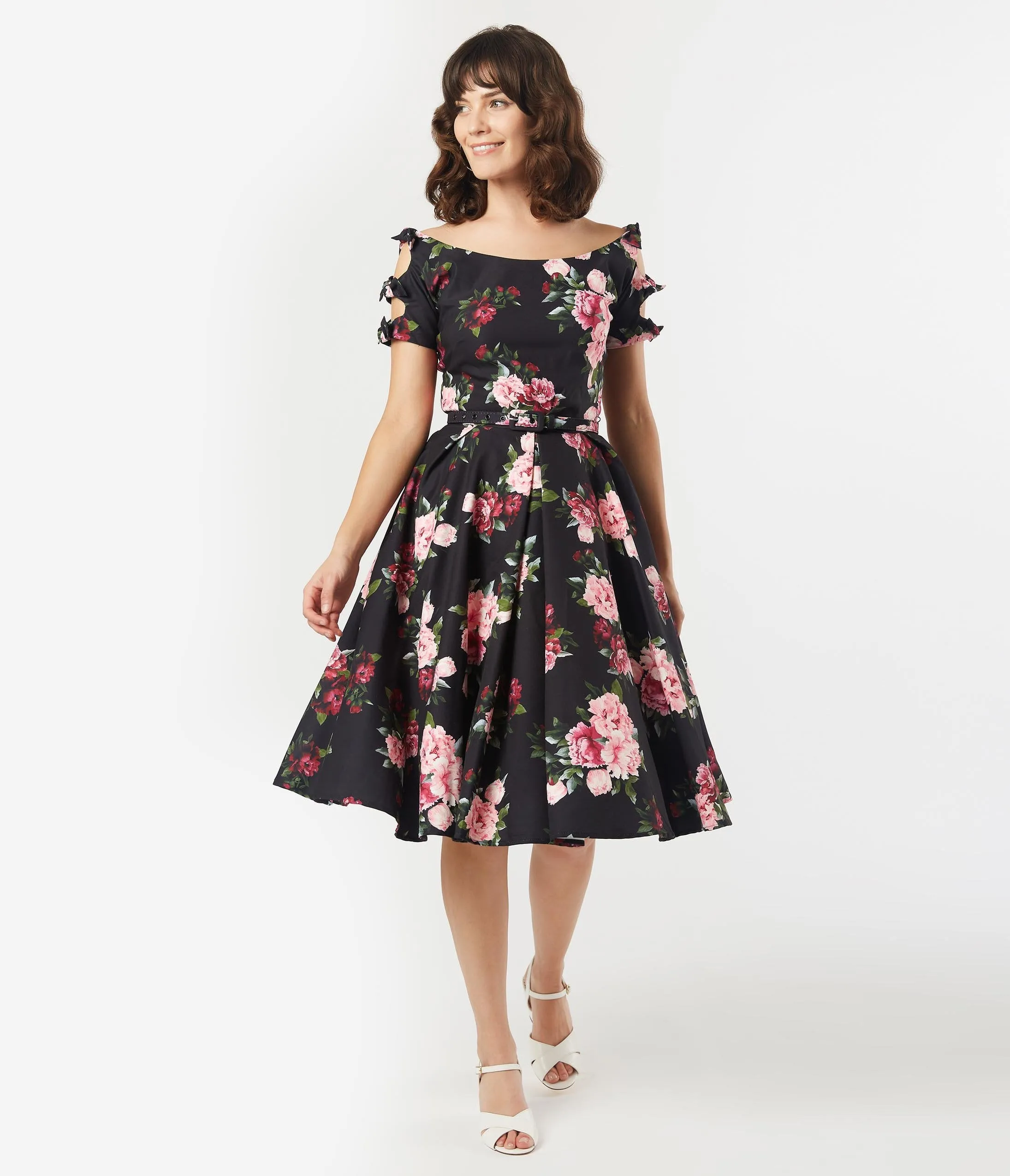 Unique Vintage 1950s Black & Pink Peony Floral Selma Swing Dress