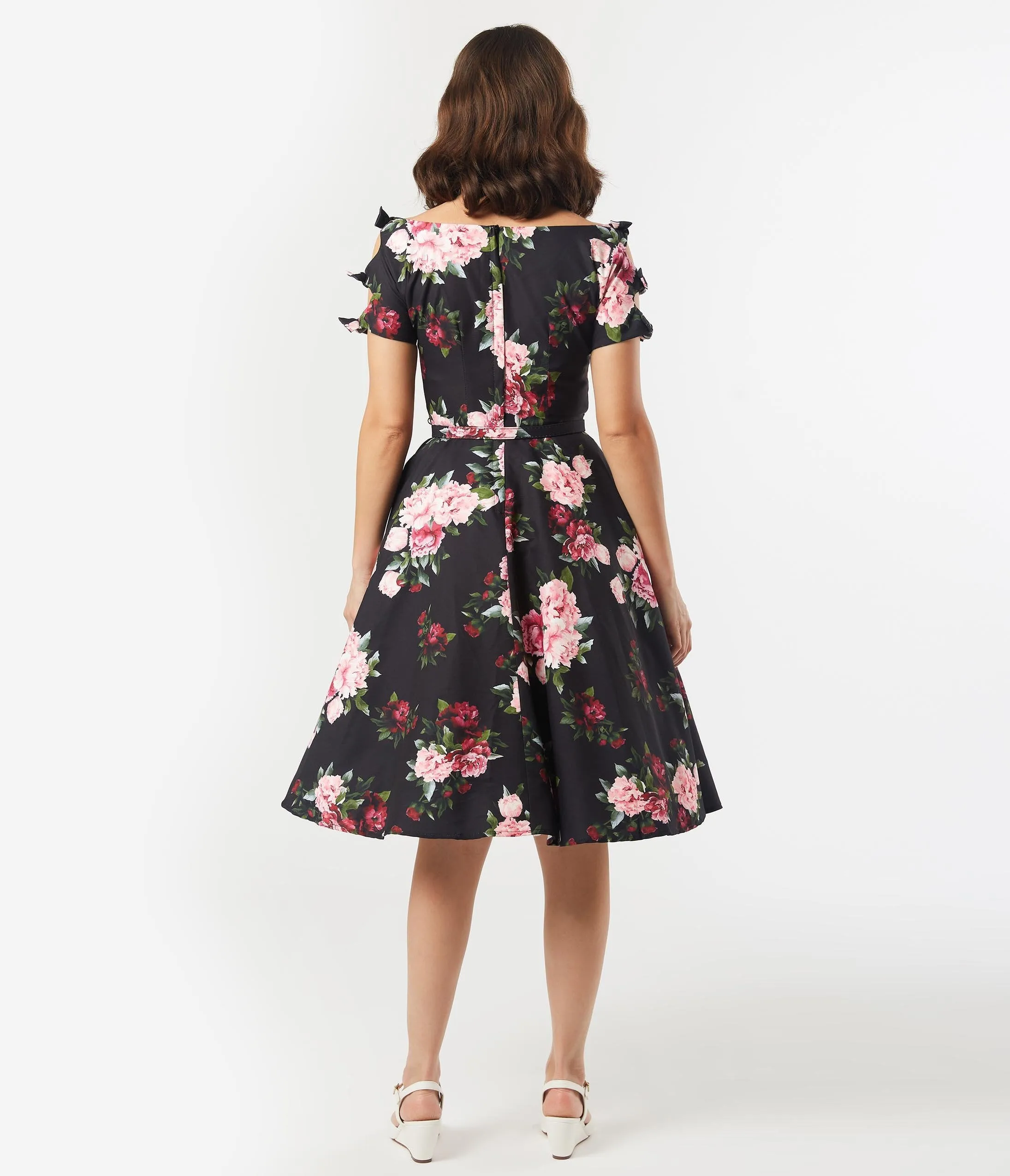 Unique Vintage 1950s Black & Pink Peony Floral Selma Swing Dress