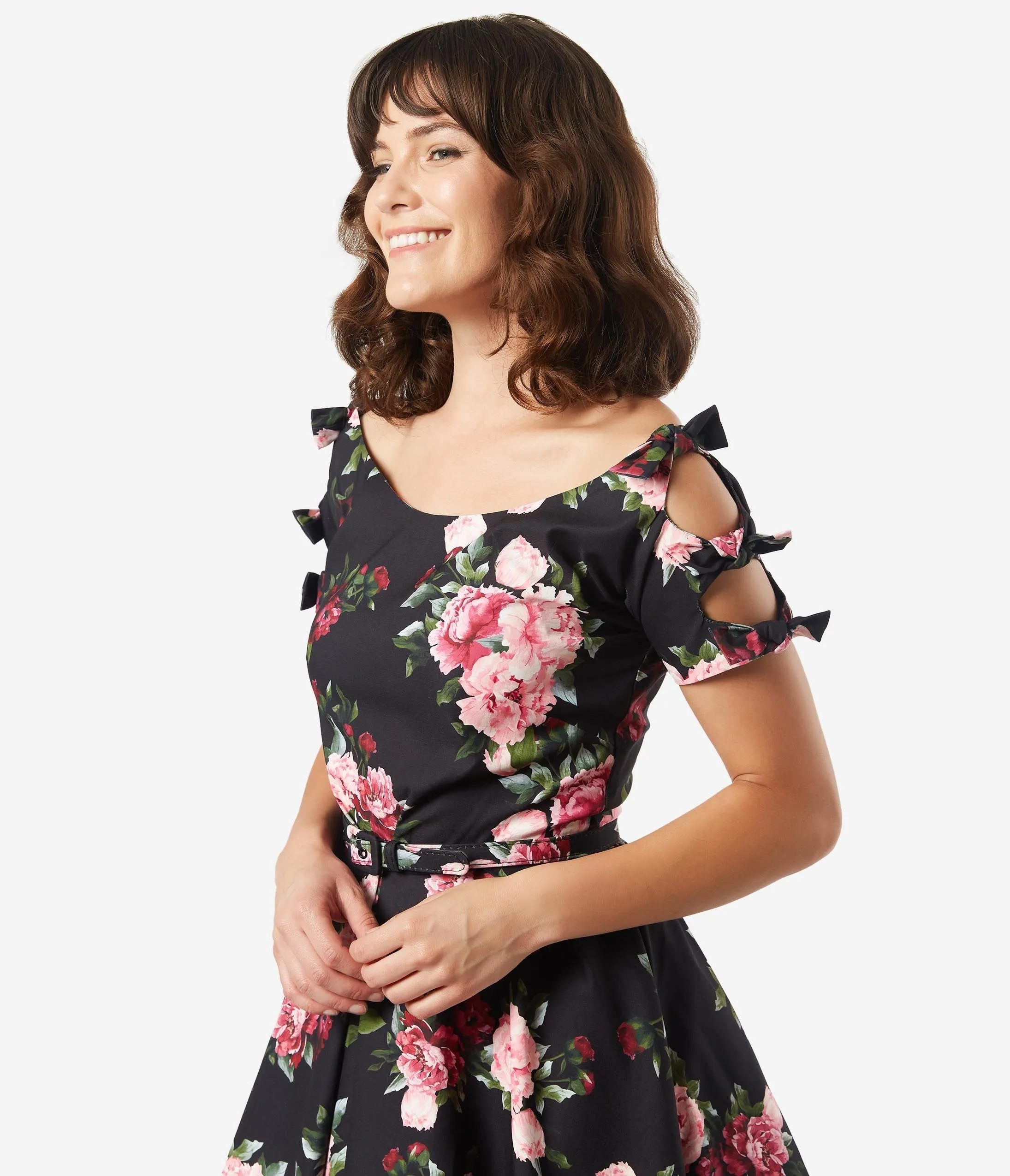 Unique Vintage 1950s Black & Pink Peony Floral Selma Swing Dress