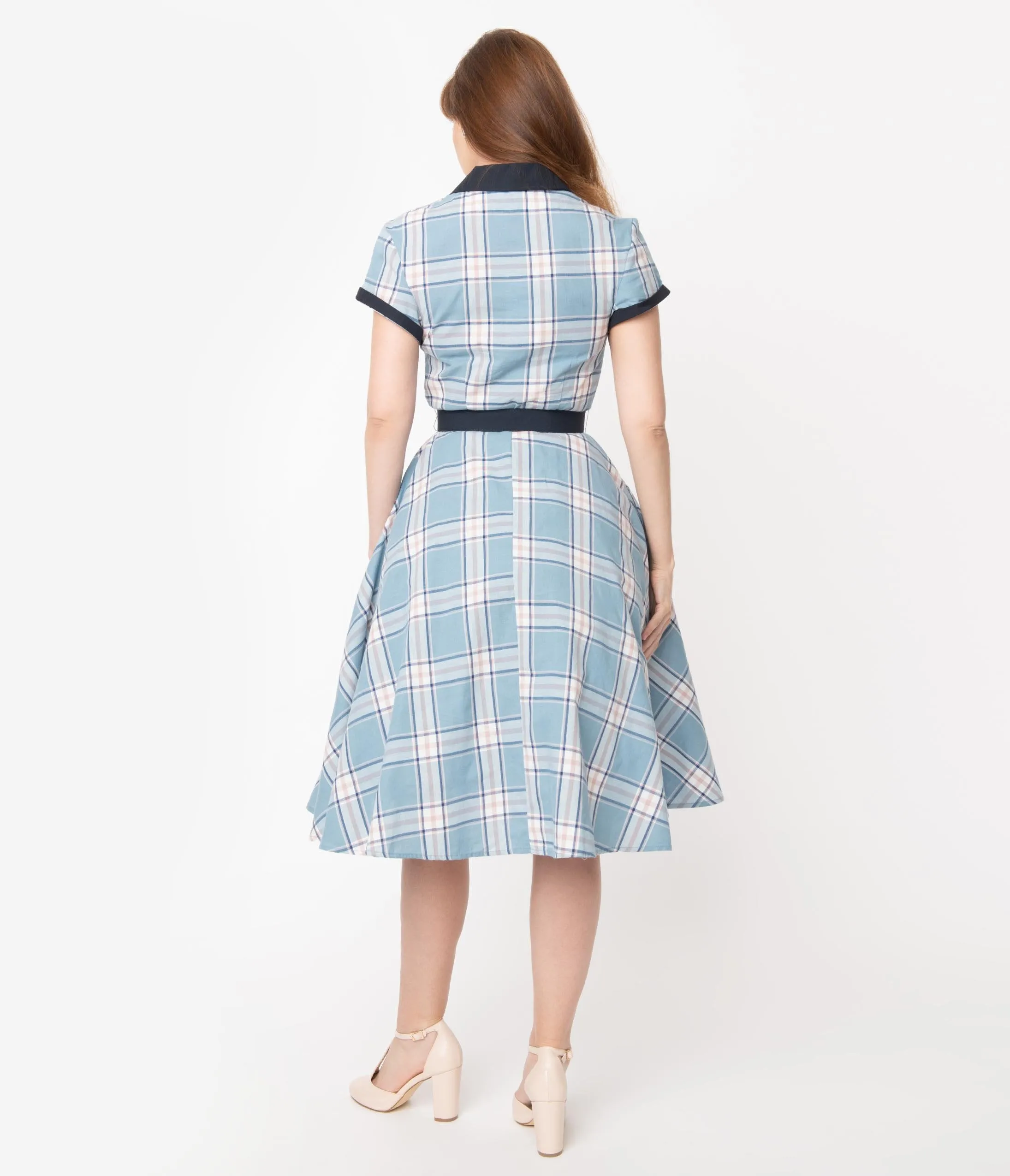 Unique Vintage 1950s Style Light Blue Plaid Alexis Swing Dress