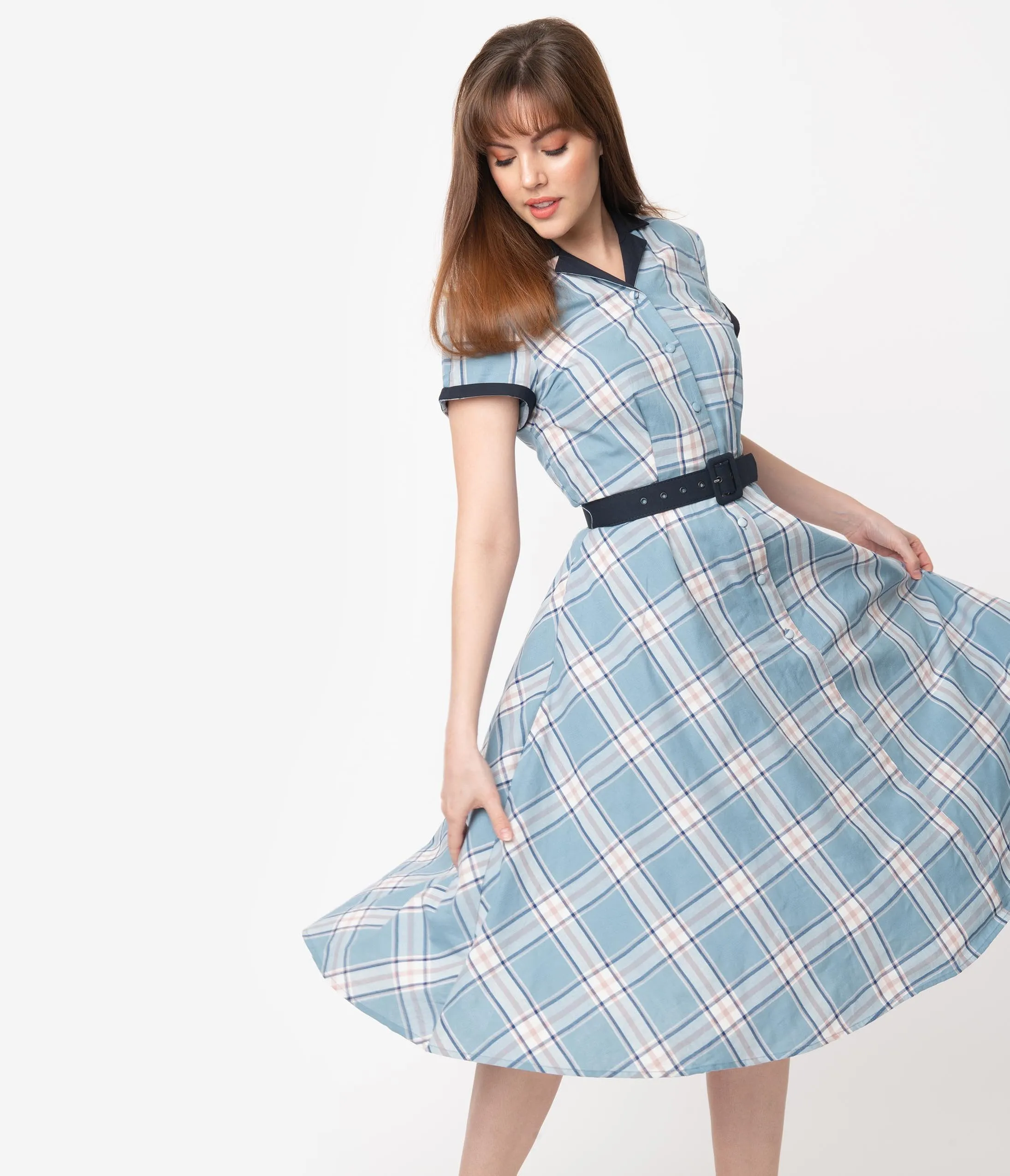 Unique Vintage 1950s Style Light Blue Plaid Alexis Swing Dress