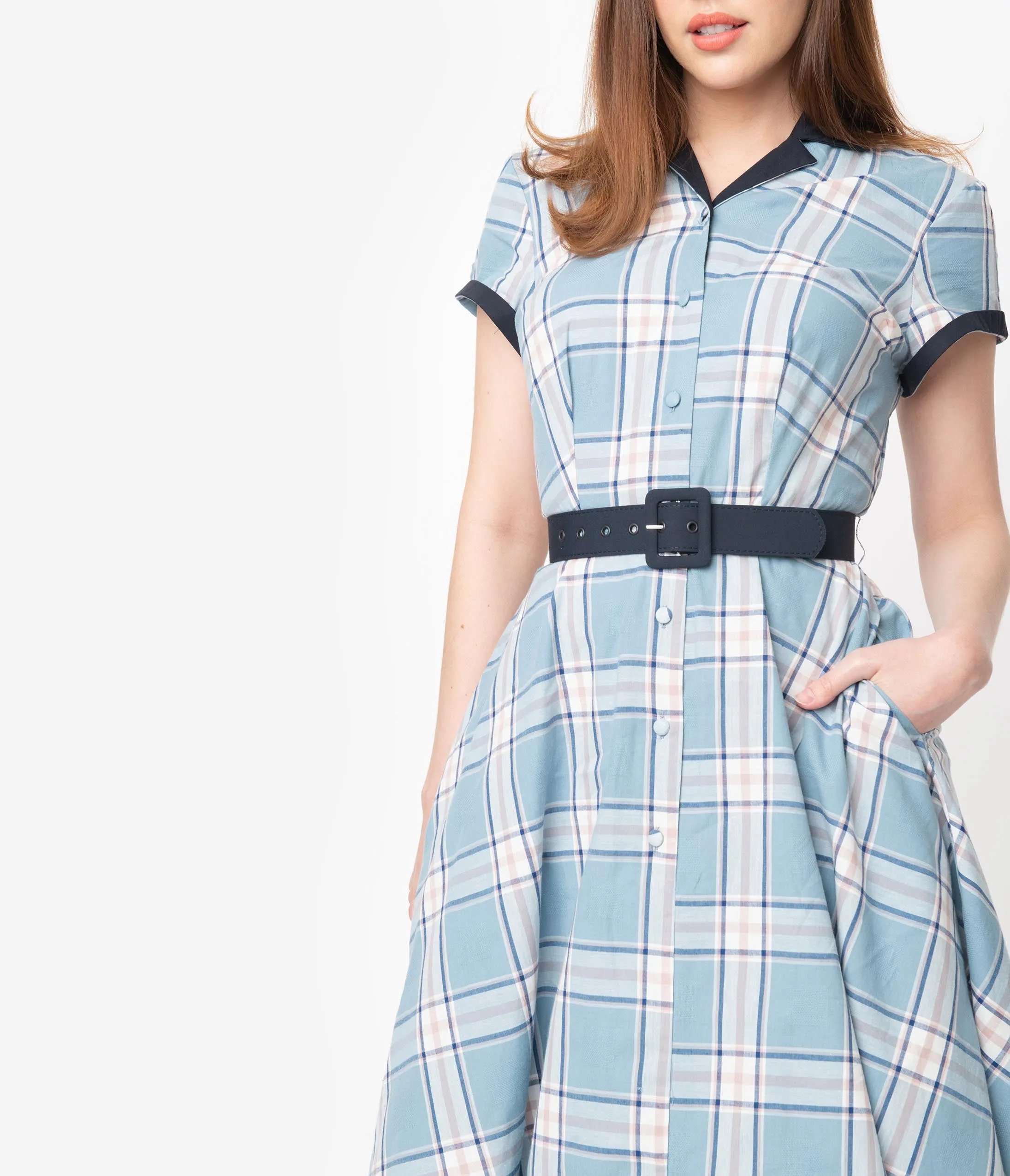 Unique Vintage 1950s Style Light Blue Plaid Alexis Swing Dress