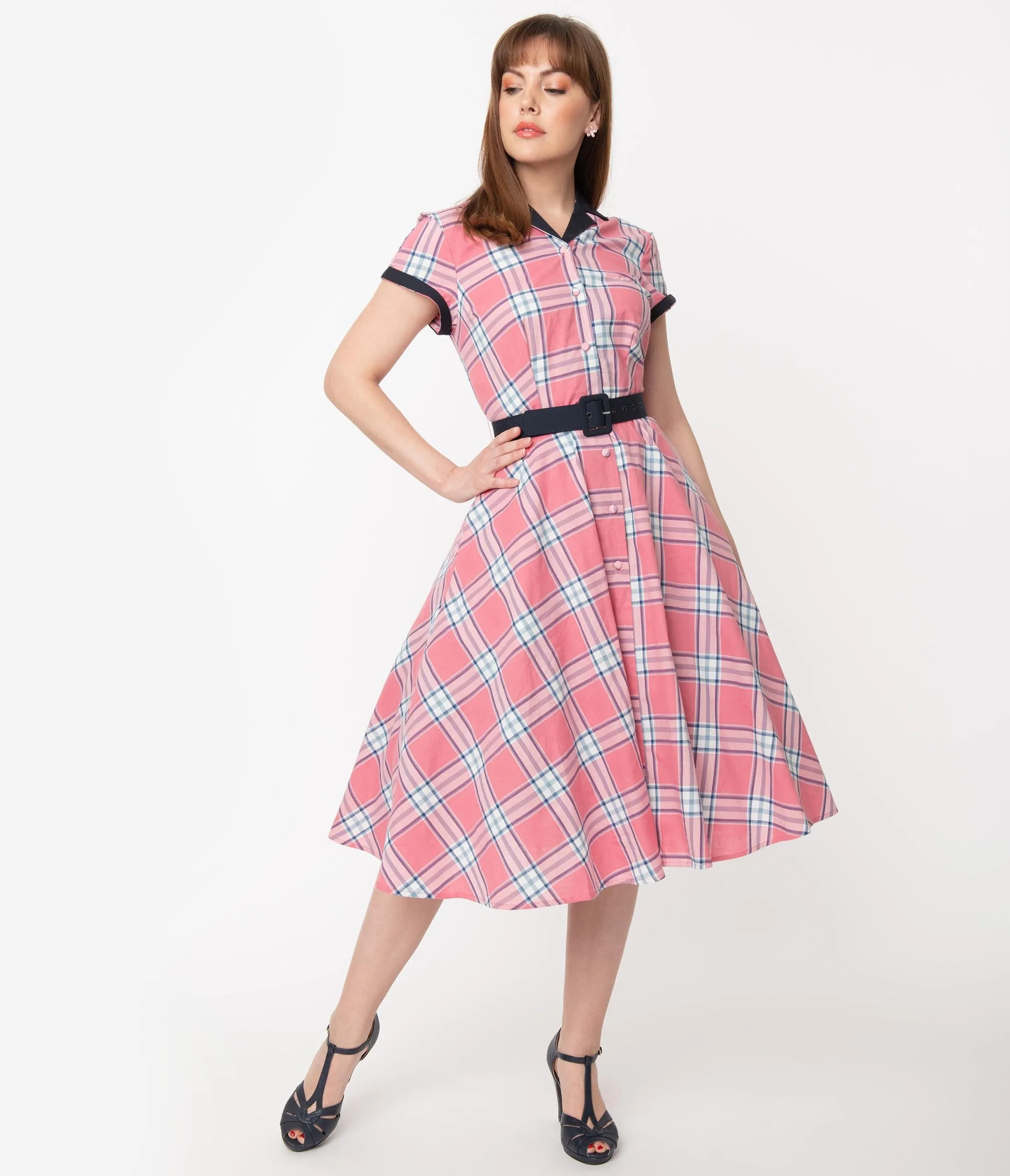 Unique Vintage 1950s Style Light Pink Plaid Alexis Swing Dress