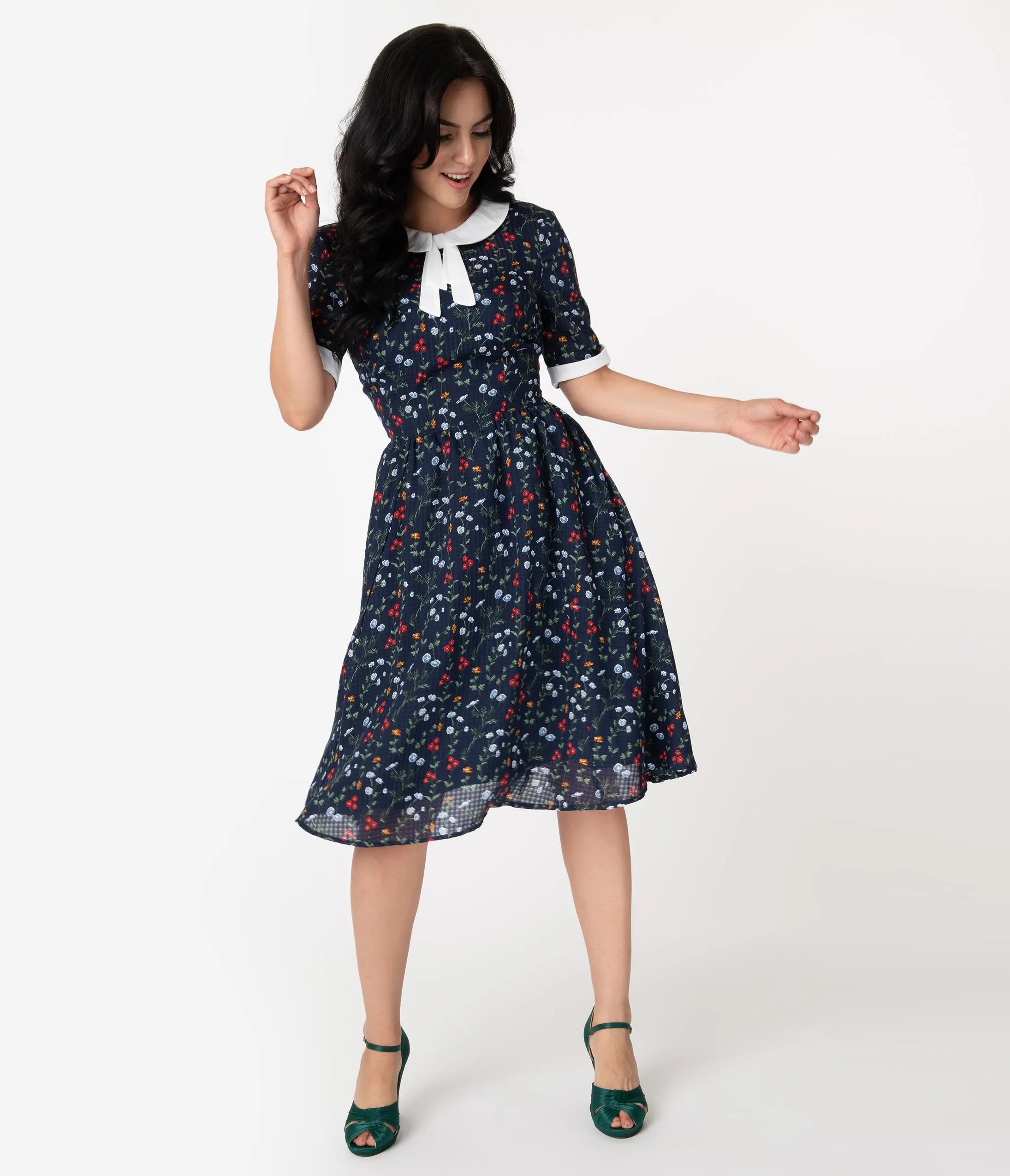 Unique Vintage 1950s Style Navy Floral Francine Swing Dress