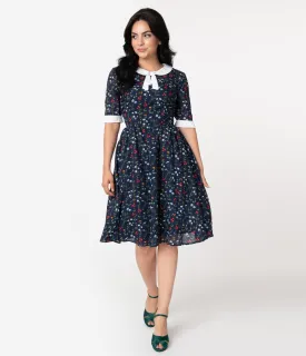 Unique Vintage 1950s Style Navy Floral Francine Swing Dress