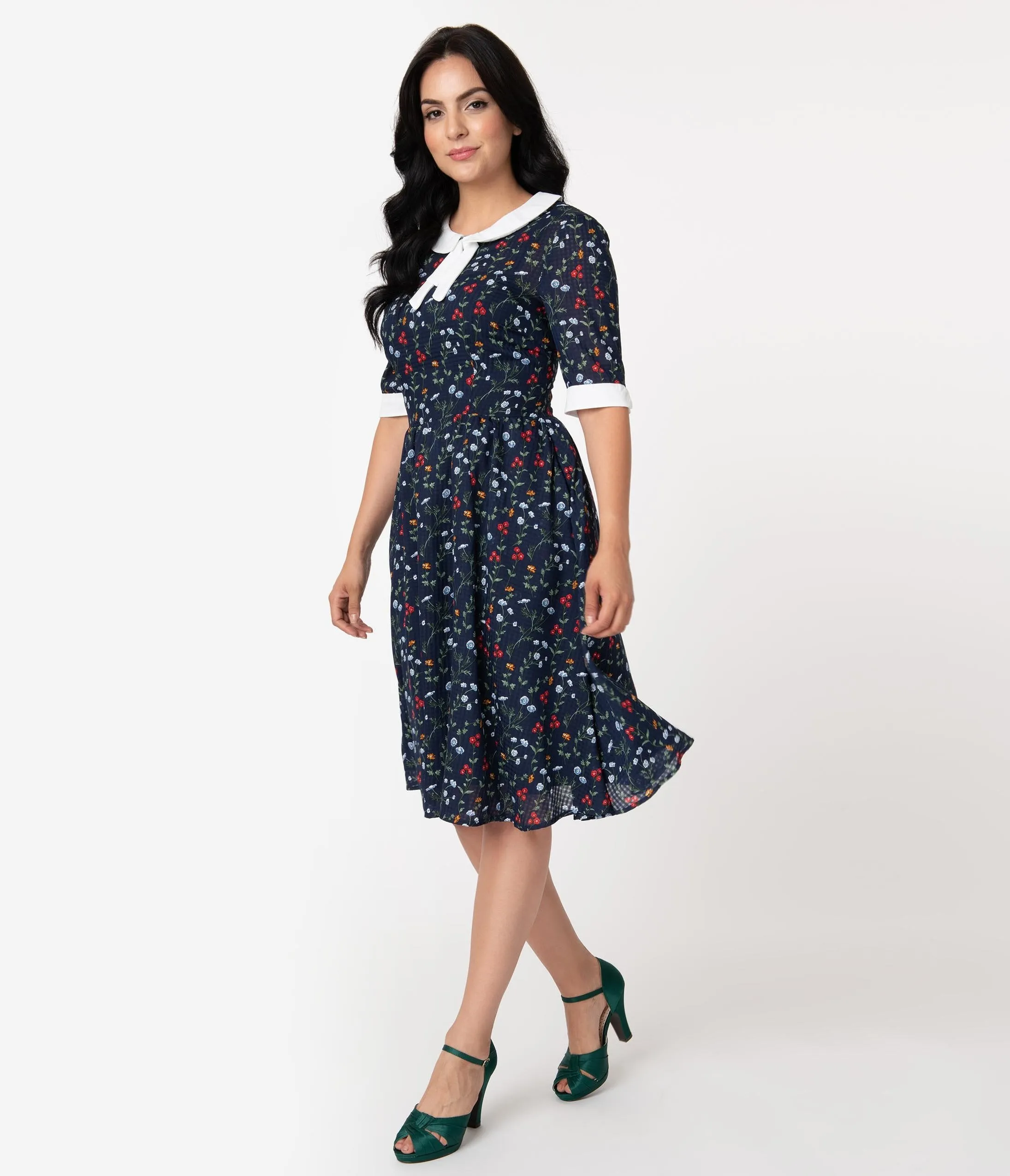 Unique Vintage 1950s Style Navy Floral Francine Swing Dress