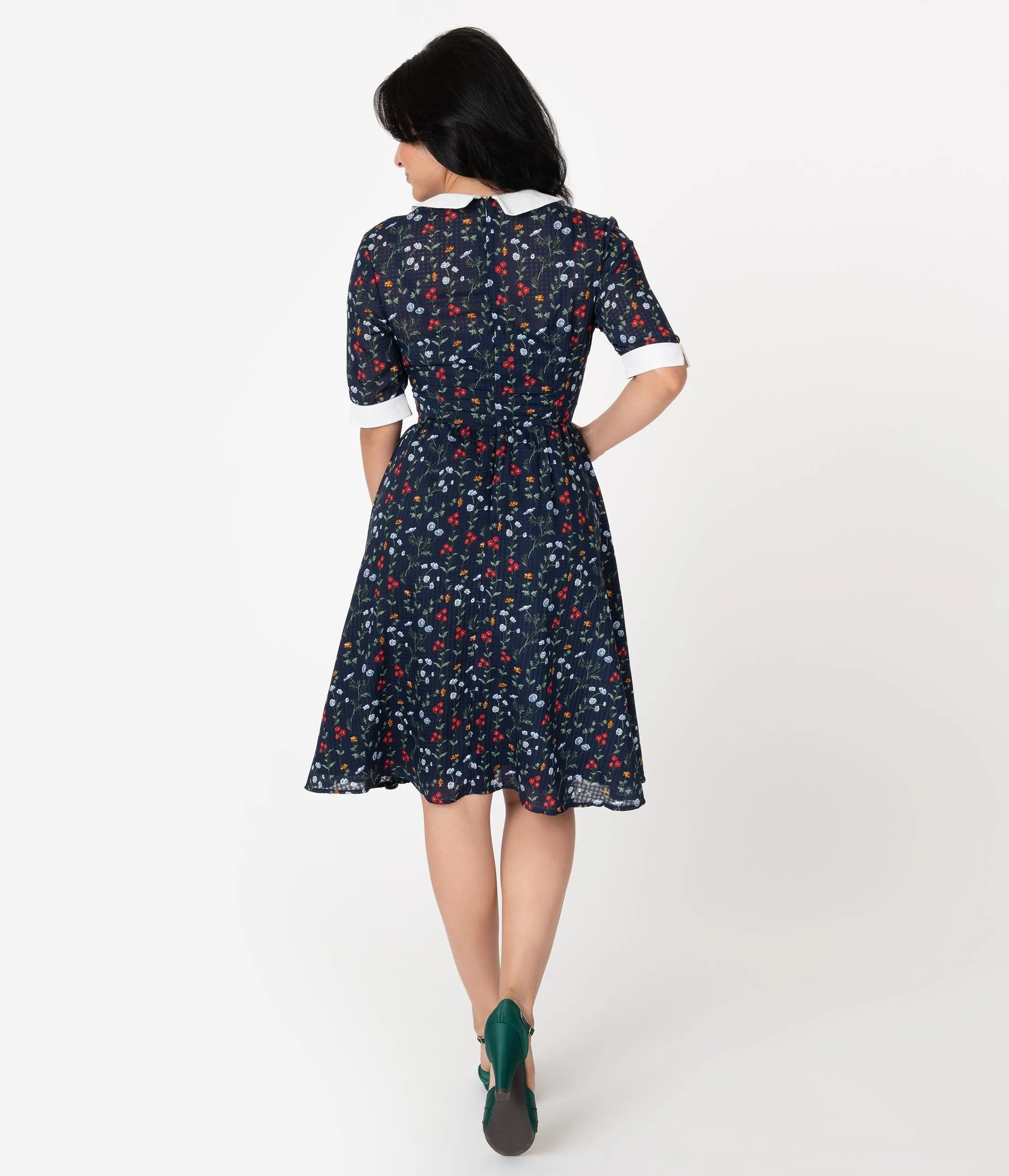 Unique Vintage 1950s Style Navy Floral Francine Swing Dress